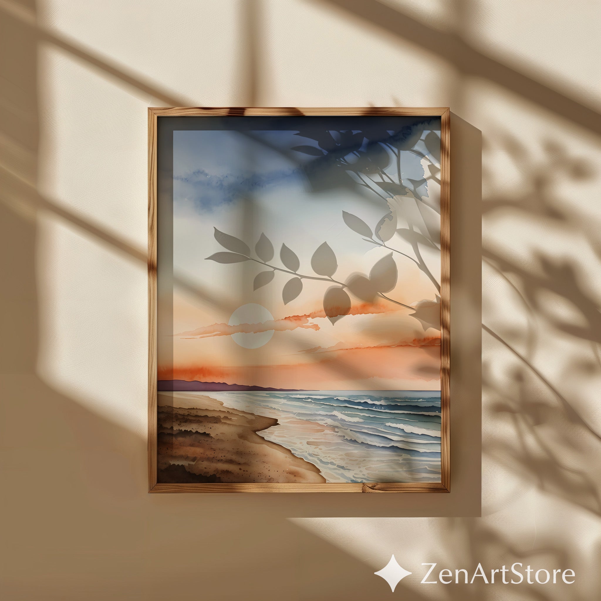 Sunset Beach Watercolor Print - Minimal Coastal Wall Art, Japandi Zen Seascape for Living Room, Neutral Modern Home Decor