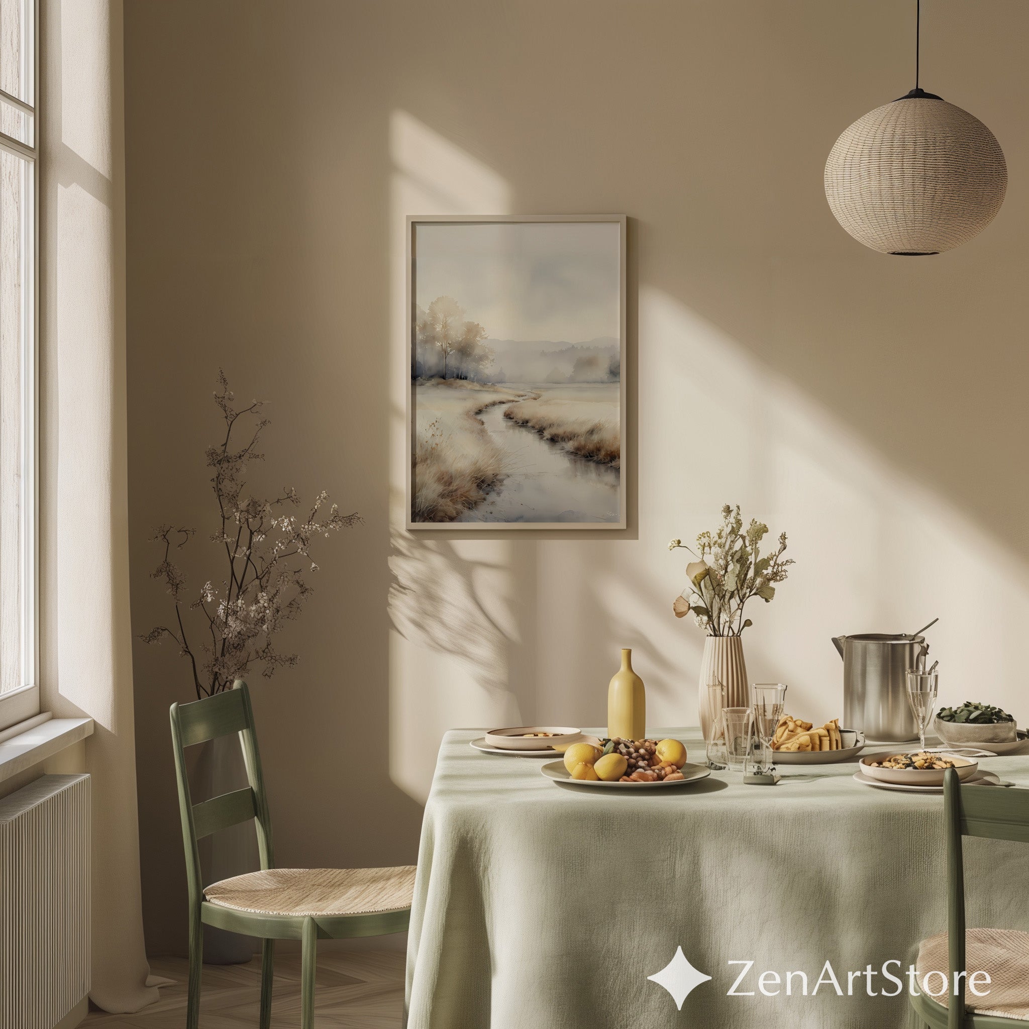 Misty Marsh Watercolor Print - Neutral Beige Landscape Wall Art, Japandi Scandinavian Minimal Home Decor