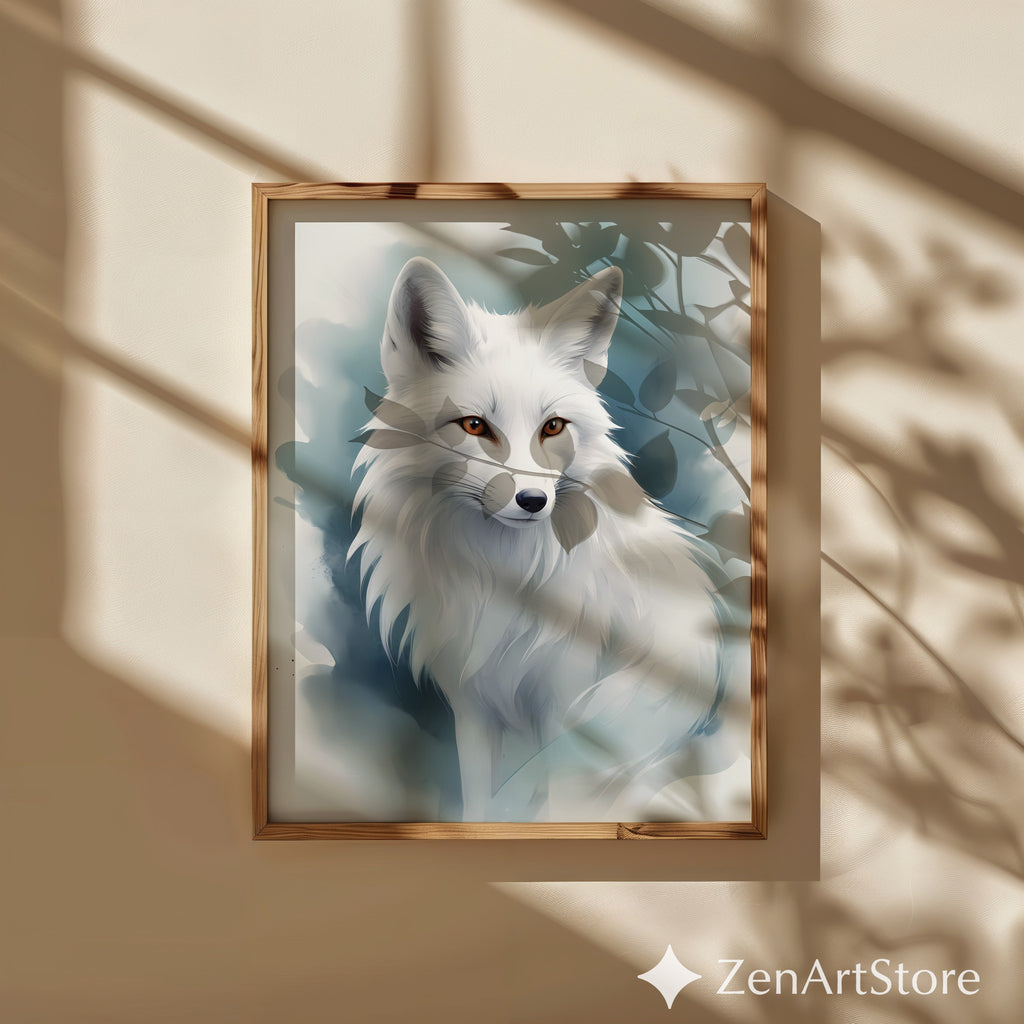 White Arctic Fox Wall Art - Minimal Scandinavian Japandi Fox Print, Neutral Modern Animal Portrait, Printable Digital Download for Home Decor