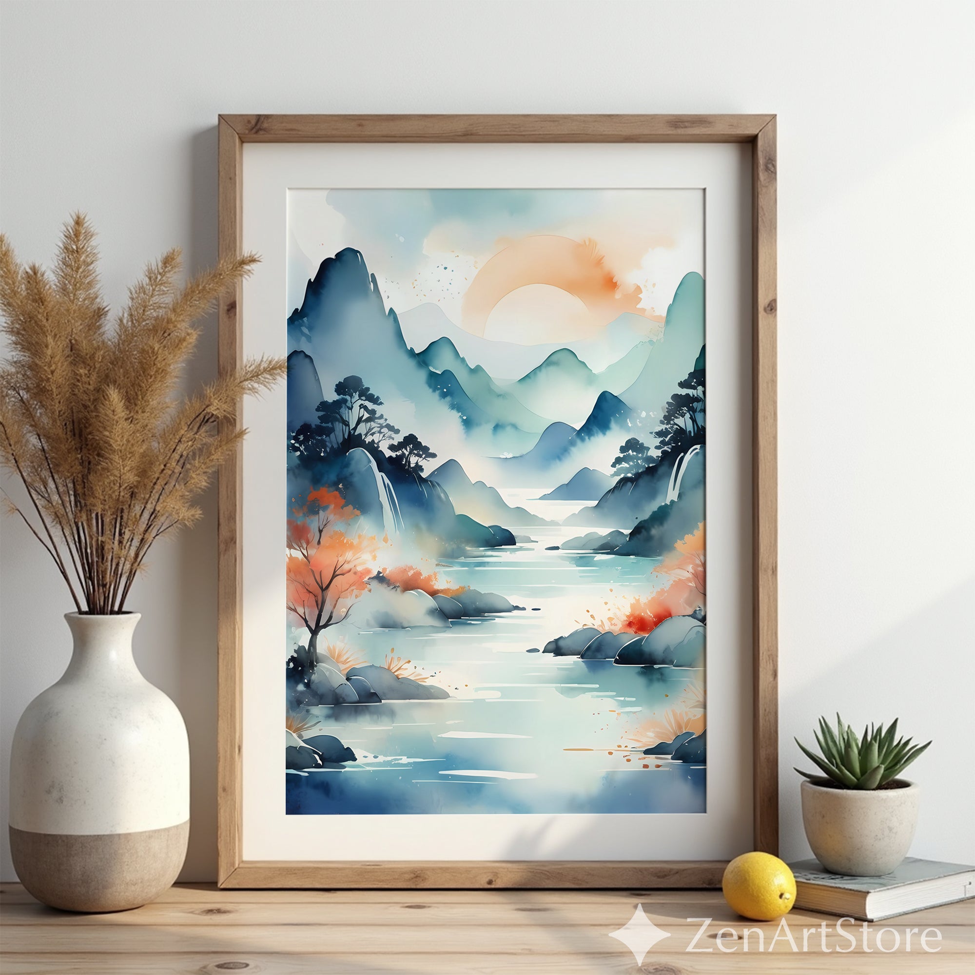 Watercolor Mountain Landscape Print - Serene Japandi Zen River Wall Art in Blue Teal & Peach - Calming Modern Home Decor