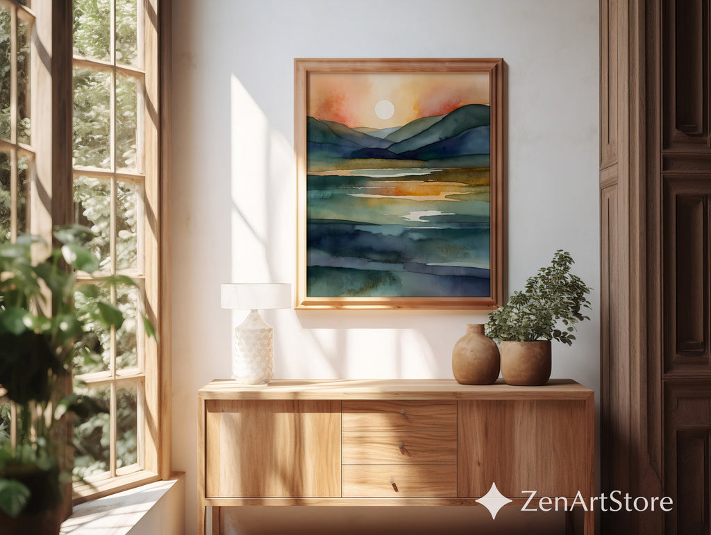 Serene Watercolor Landscape Print - Sunlit Mountains & Lake, Abstract Japandi Wall Art in Teal Blue & Warm Beige