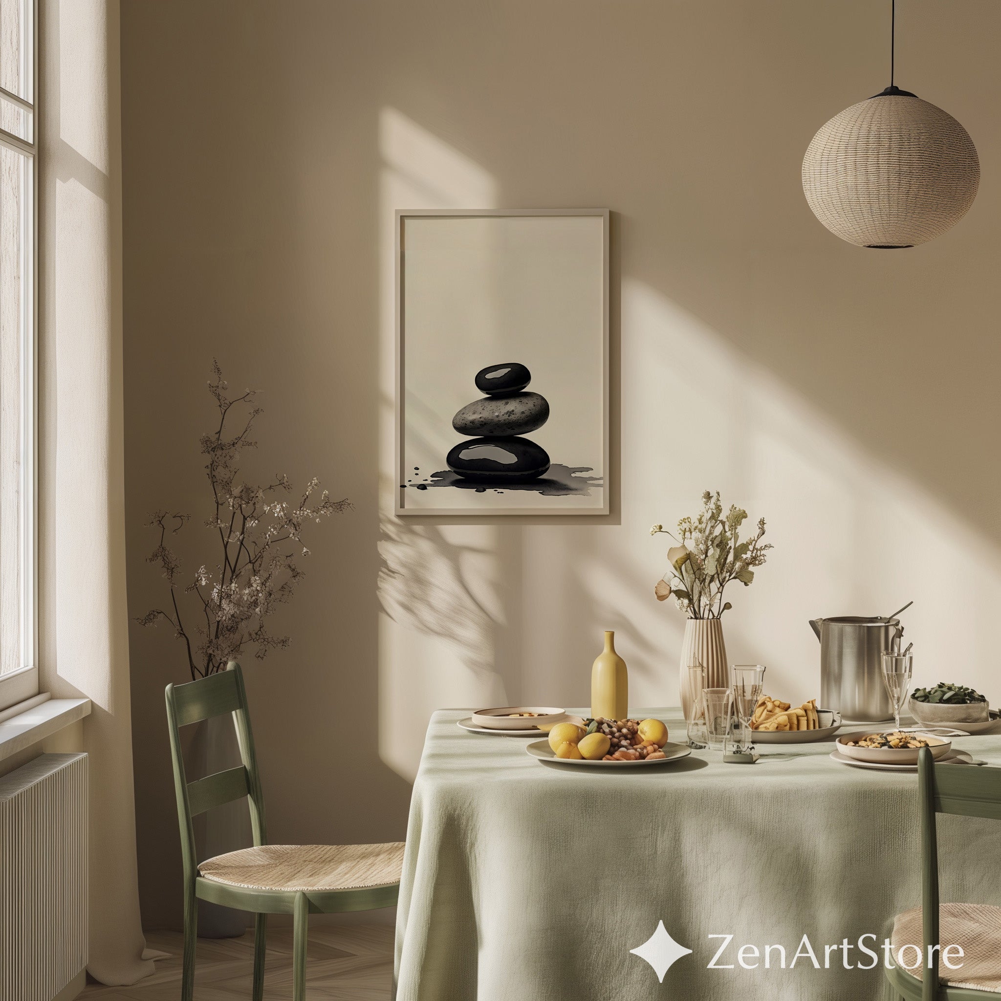 Zen Stone Stack Print - Minimal Black & Beige Spa Wall Art, Wabi Sabi Japandi Neutral Home Decor