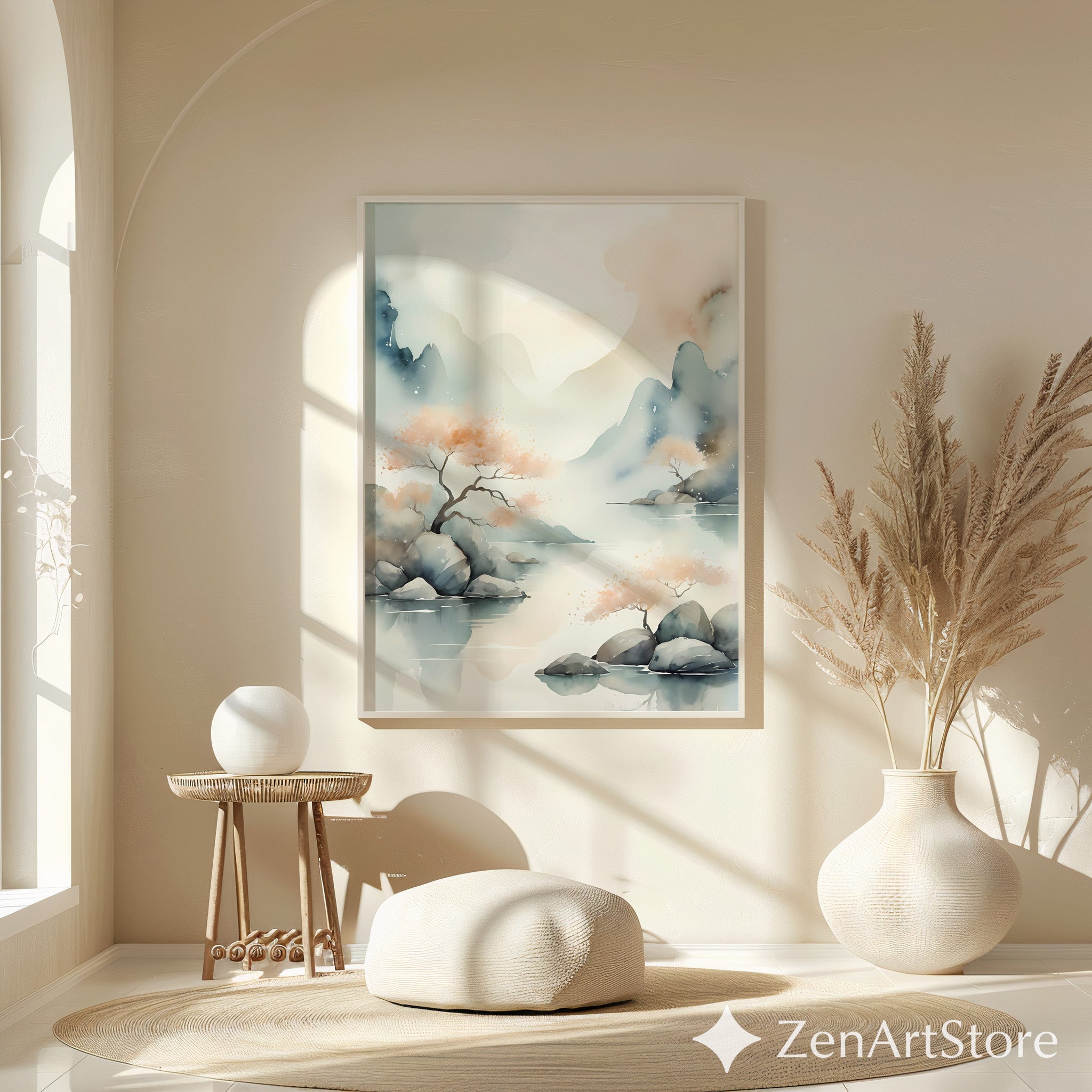 Serene Watercolor Landscape Print - Zen Japandi Wall Art, Minimal Mountain & Peach Tree Illustration for Living Room, Bedroom, Nursery