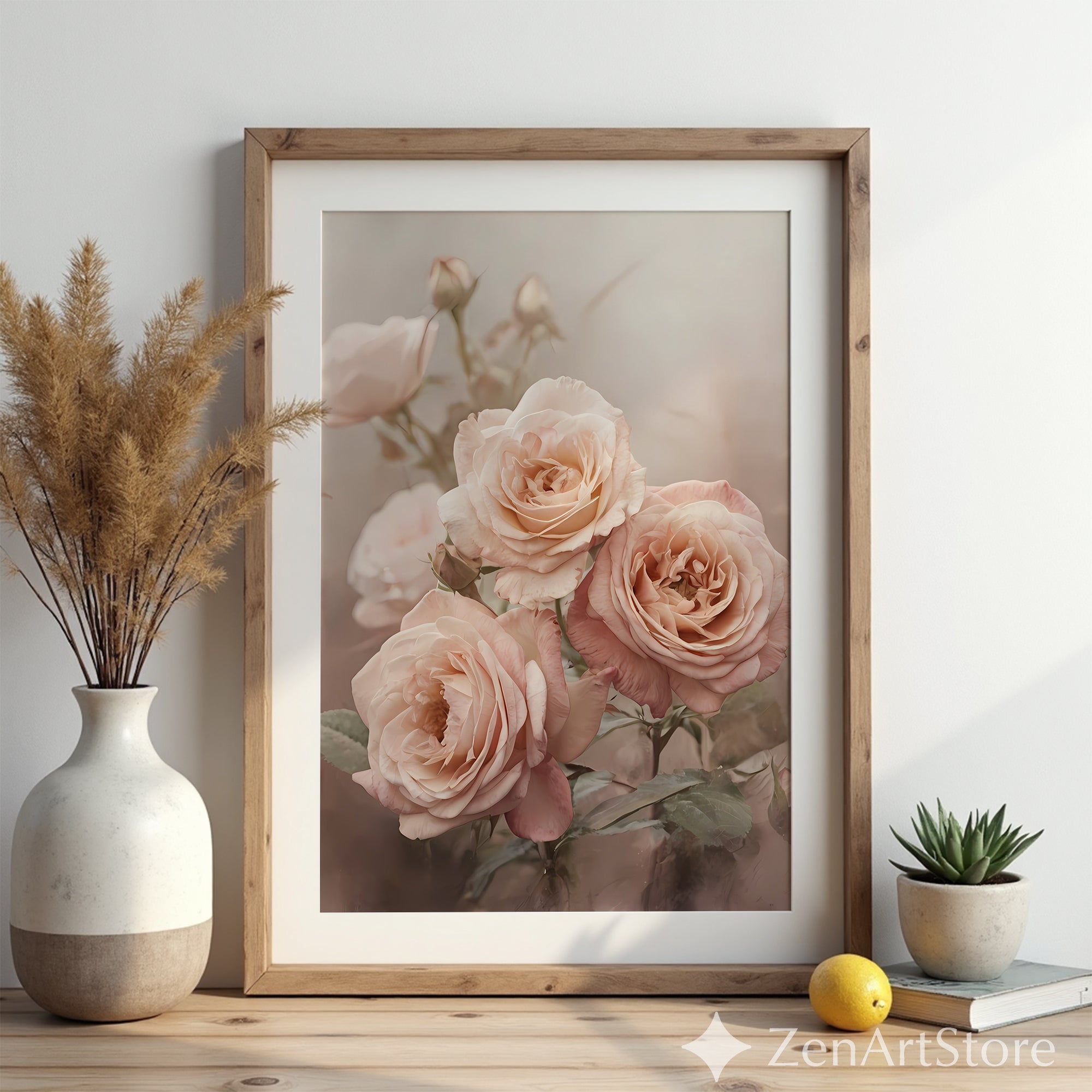 Blush Roses Wall Art, Soft Pink Floral Print for Neutral Home Decor, Botanical Rose Poster for Bedroom Living Room Nursery, Wabi Sabi Japandi