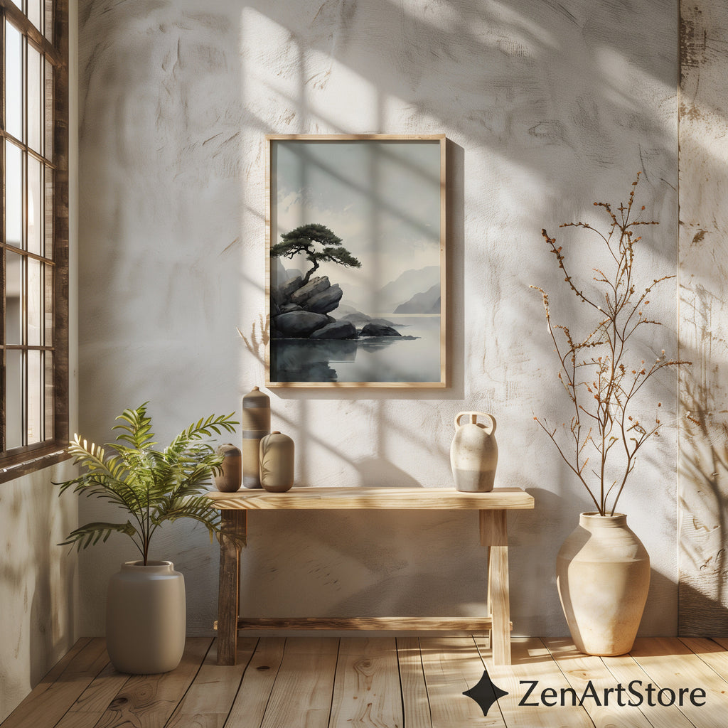 Zen Minimalist Landscape Print Lone Pine on Rocks - Japandi Scandinavian Wall Art Neutral Calm Home Decor