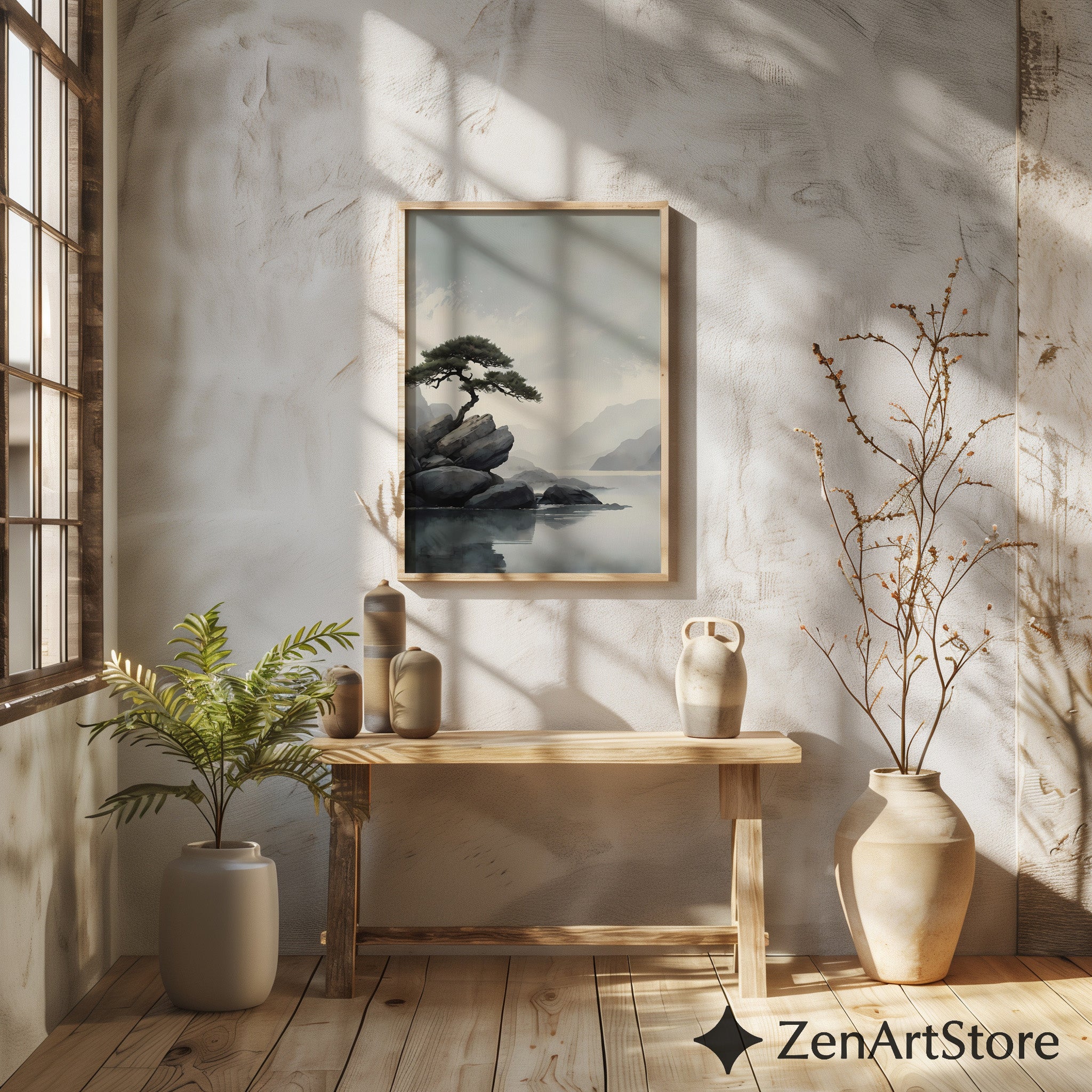 Zen Minimalist Landscape Print Lone Pine on Rocks - Japandi Scandinavian Wall Art Neutral Calm Home Decor