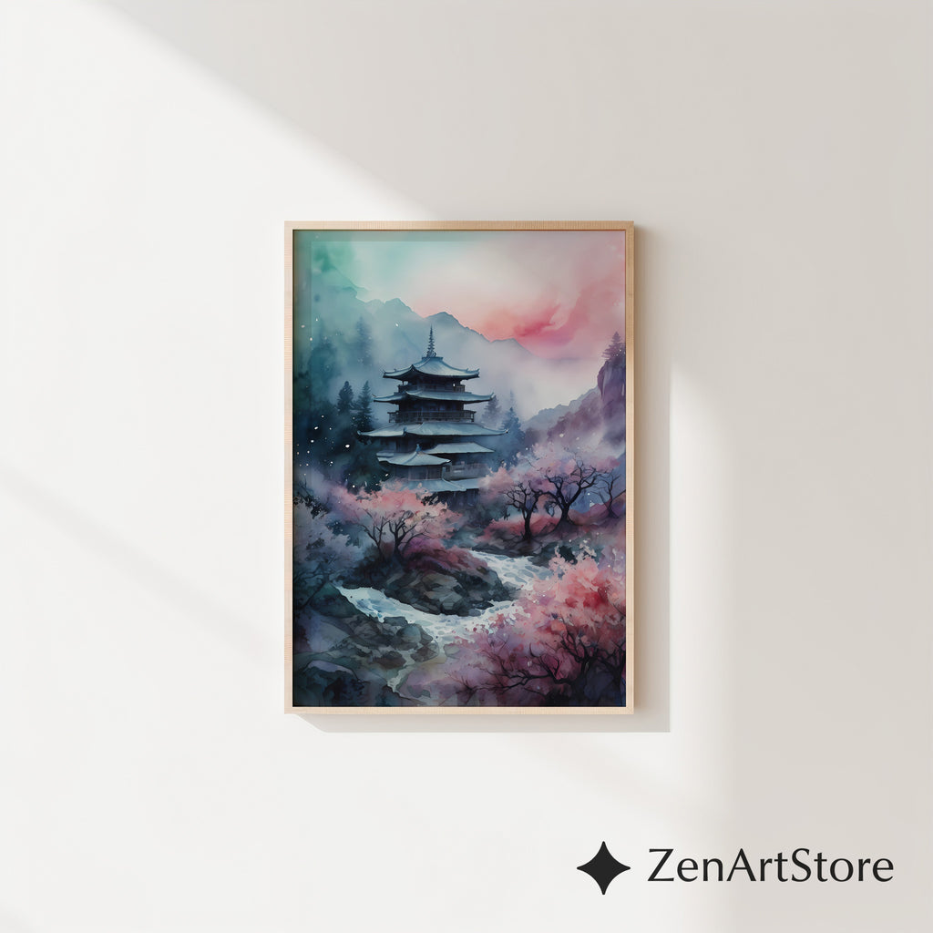 Serene Japanese Pagoda Print with Cherry Blossoms - Watercolor Zen Landscape Wall Art for Home