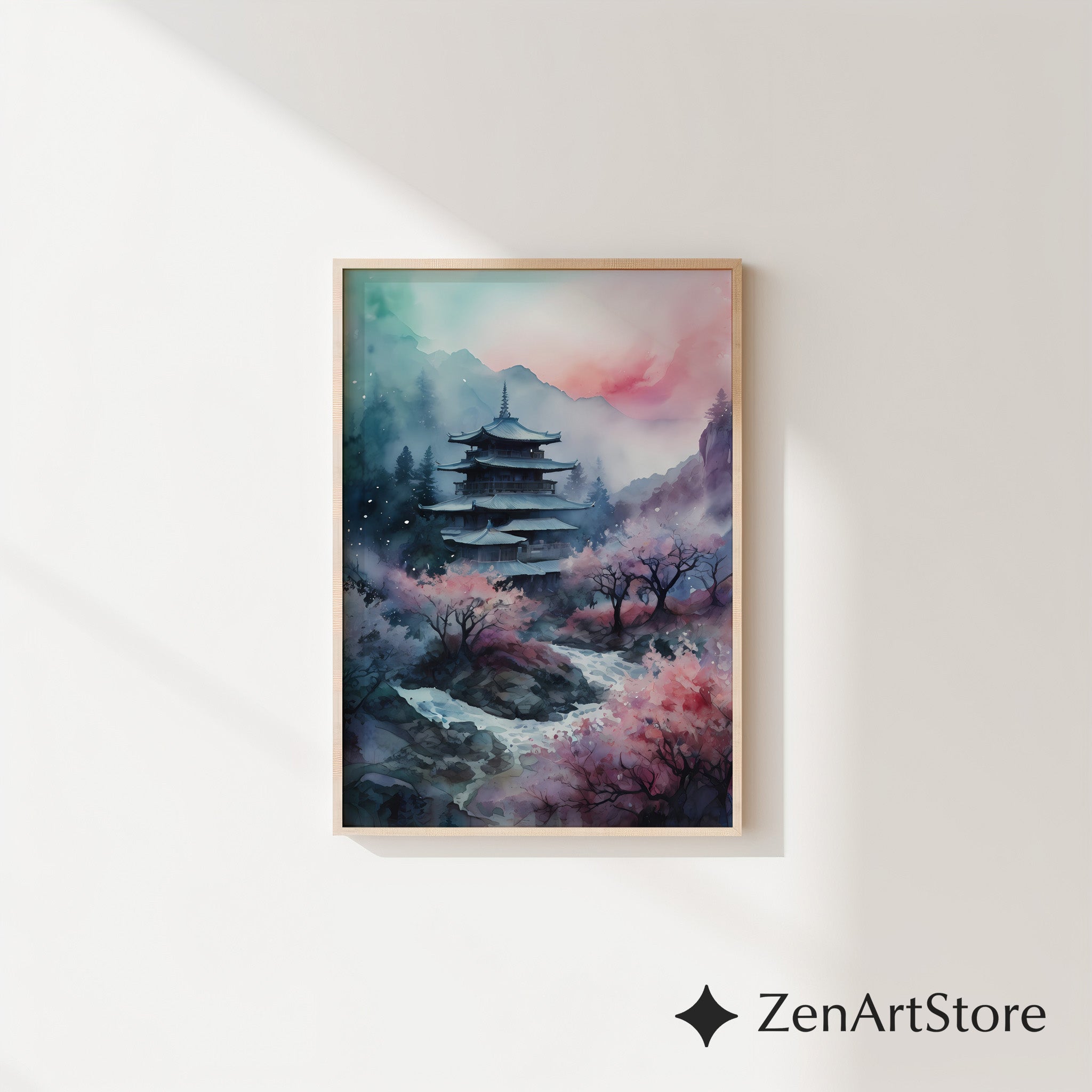 Serene Japanese Pagoda Print with Cherry Blossoms - Watercolor Zen Landscape Wall Art for Home