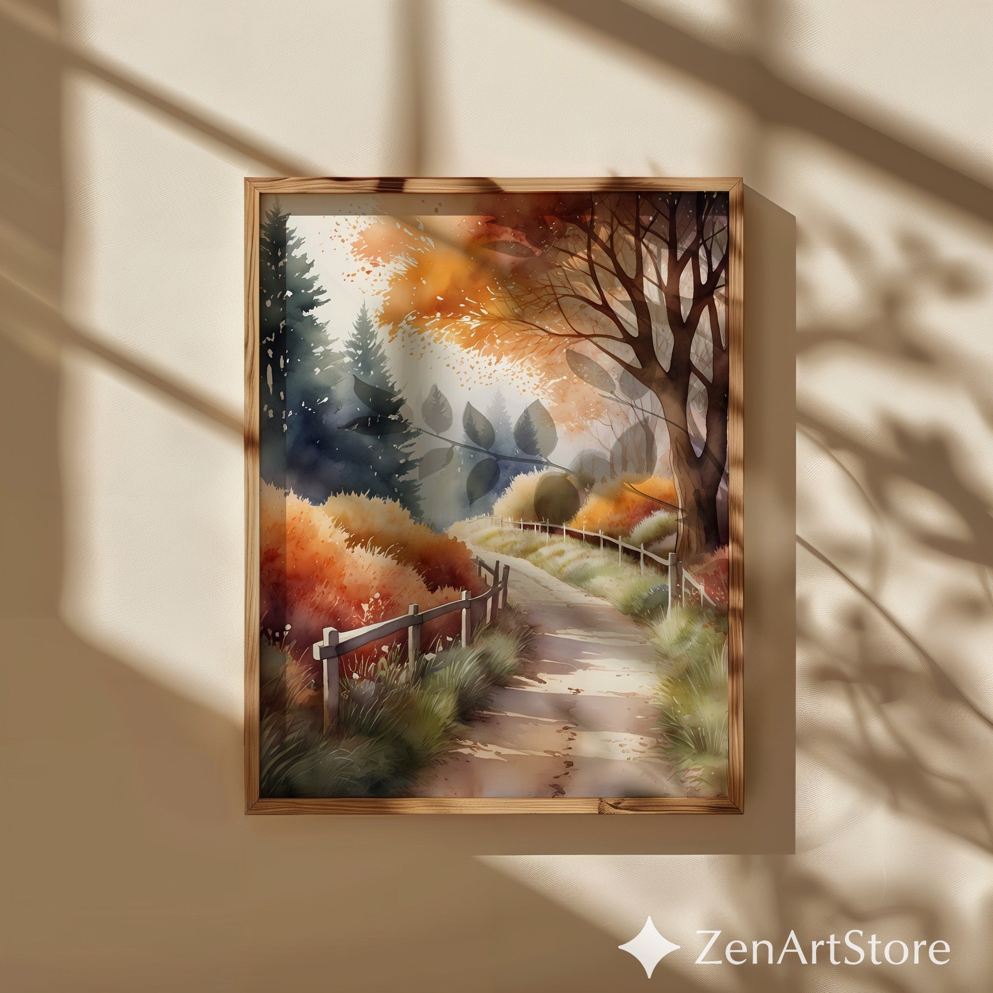 Autumn Path Watercolor Print - Fall Landscape Wall Art for Cozy Rustic, Japandi & Boho Home Decor