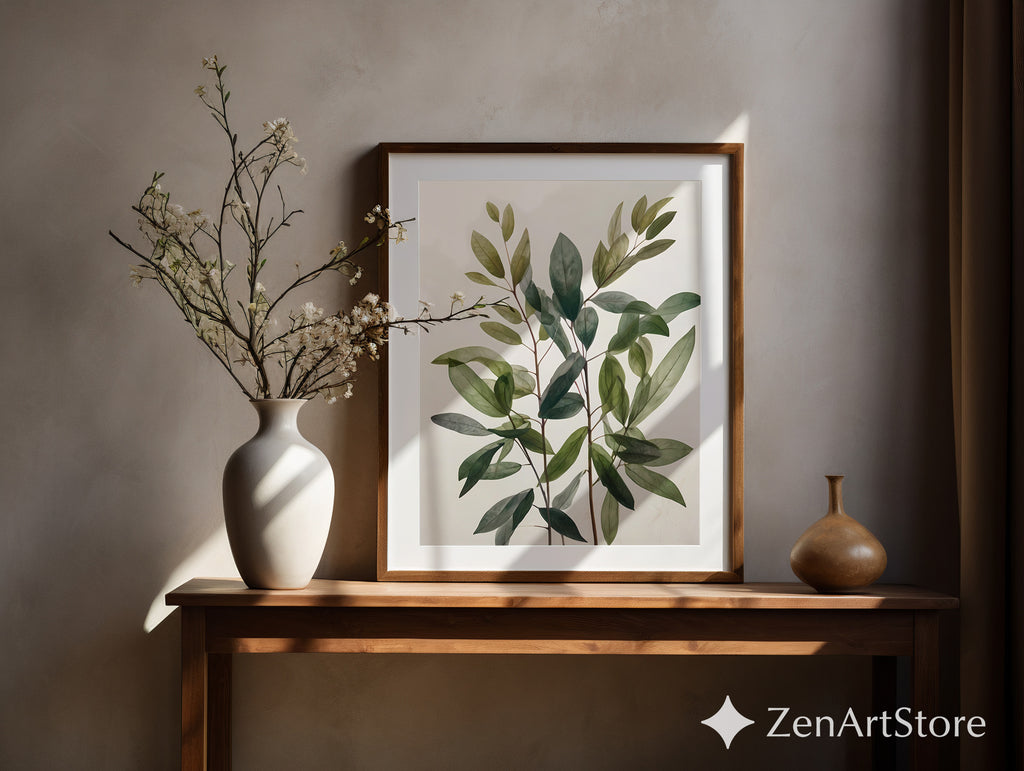Minimal Green Leaves Botanical Wall Art - Modern Neutral Plant Print for Scandinavian Japandi Home Decor