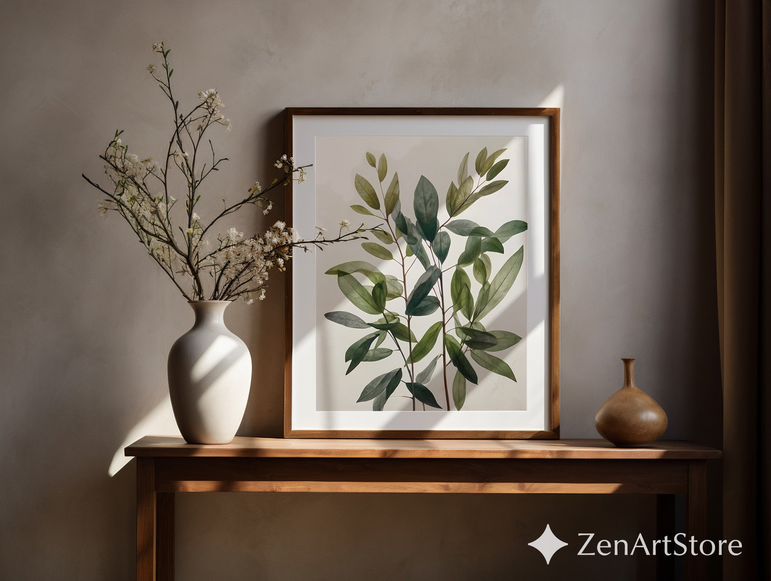 Minimal Green Leaves Botanical Wall Art - Modern Neutral Plant Print for Scandinavian Japandi Home Decor