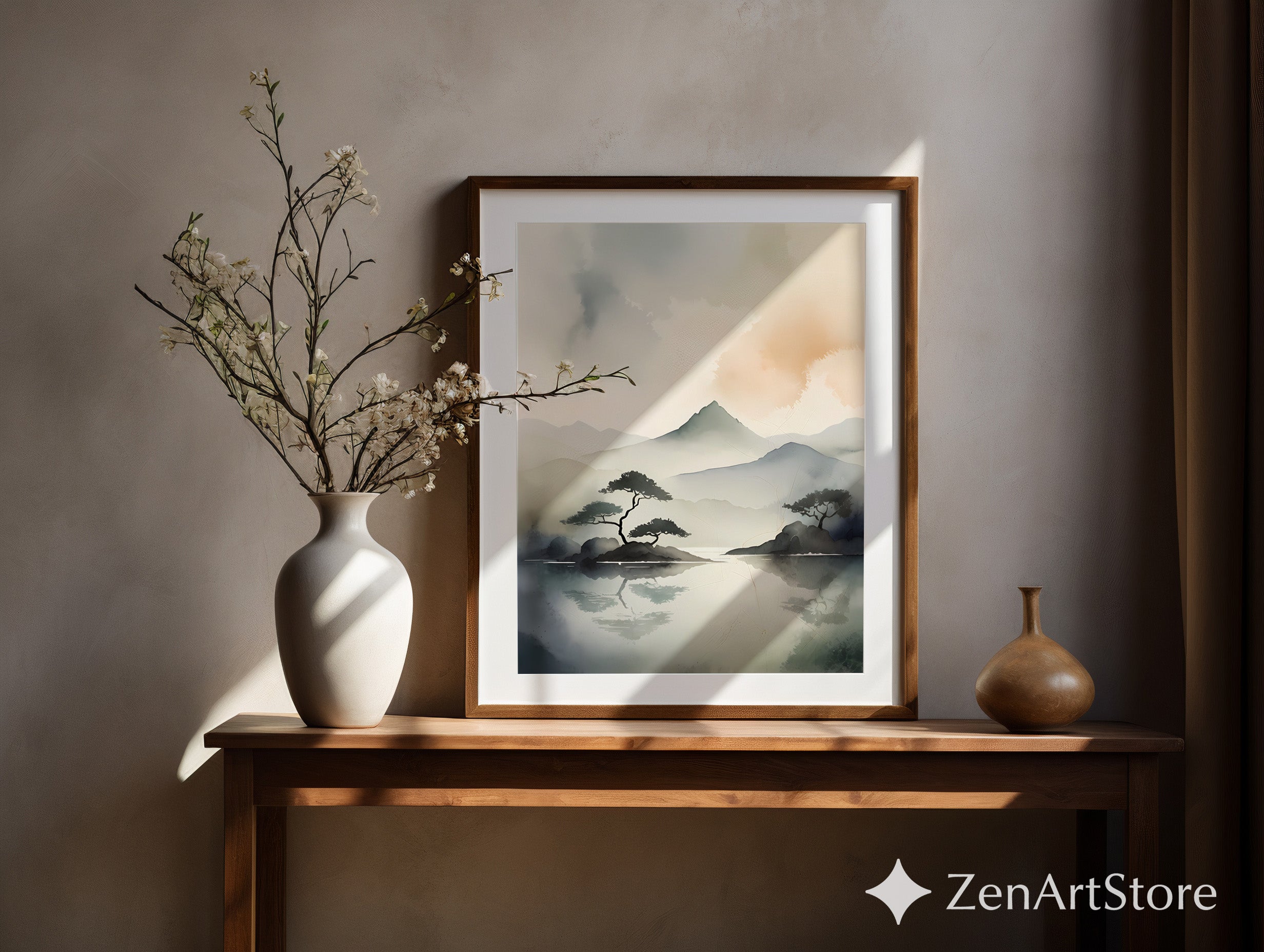 Zen Minimal Watercolor Mountain Print - Japandi Neutral Landscape Wall Art for Living Room