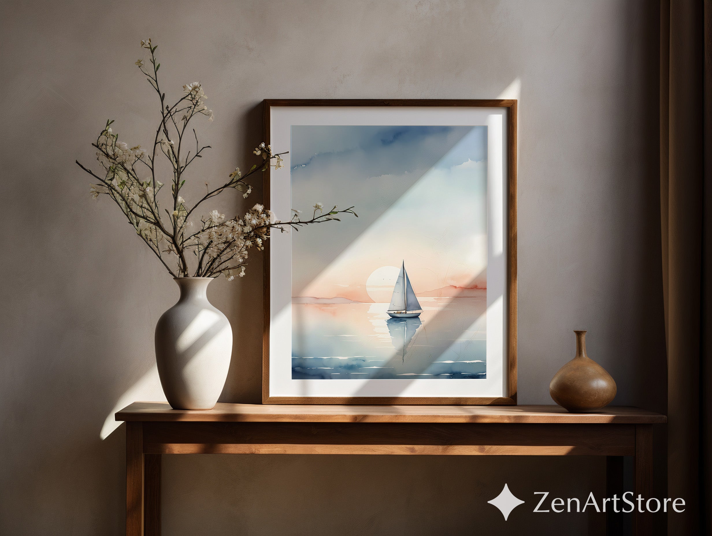 Sailboat Watercolor Print - Calm Pastel Seascape Wall Art for Coastal, Minimal & Japandi Home Decor