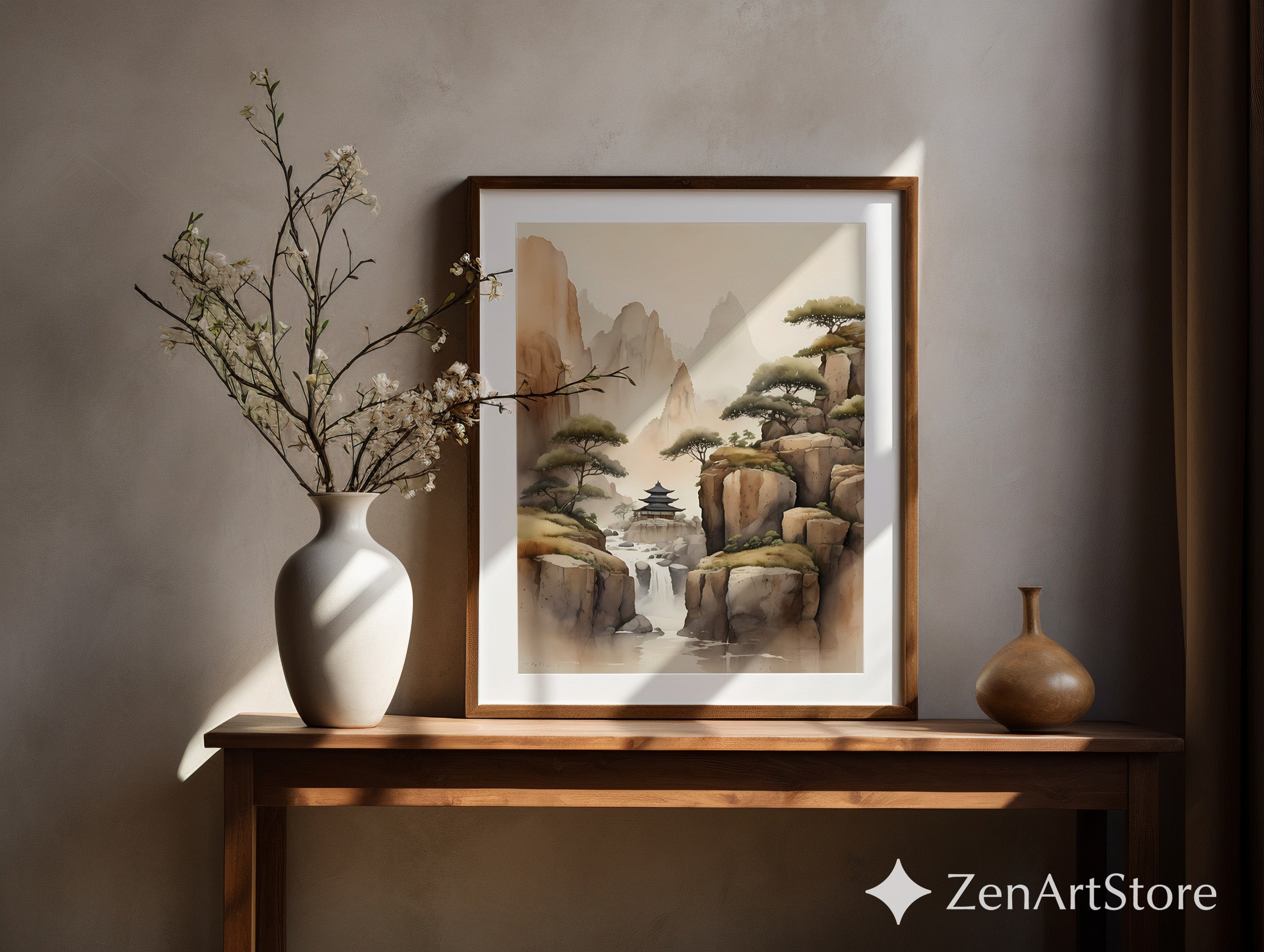 Misty Mountain Pagoda Art Print - Zen Japandi Landscape Wall Art, Neutral Beige Brown Waterfall Poster for Living Room