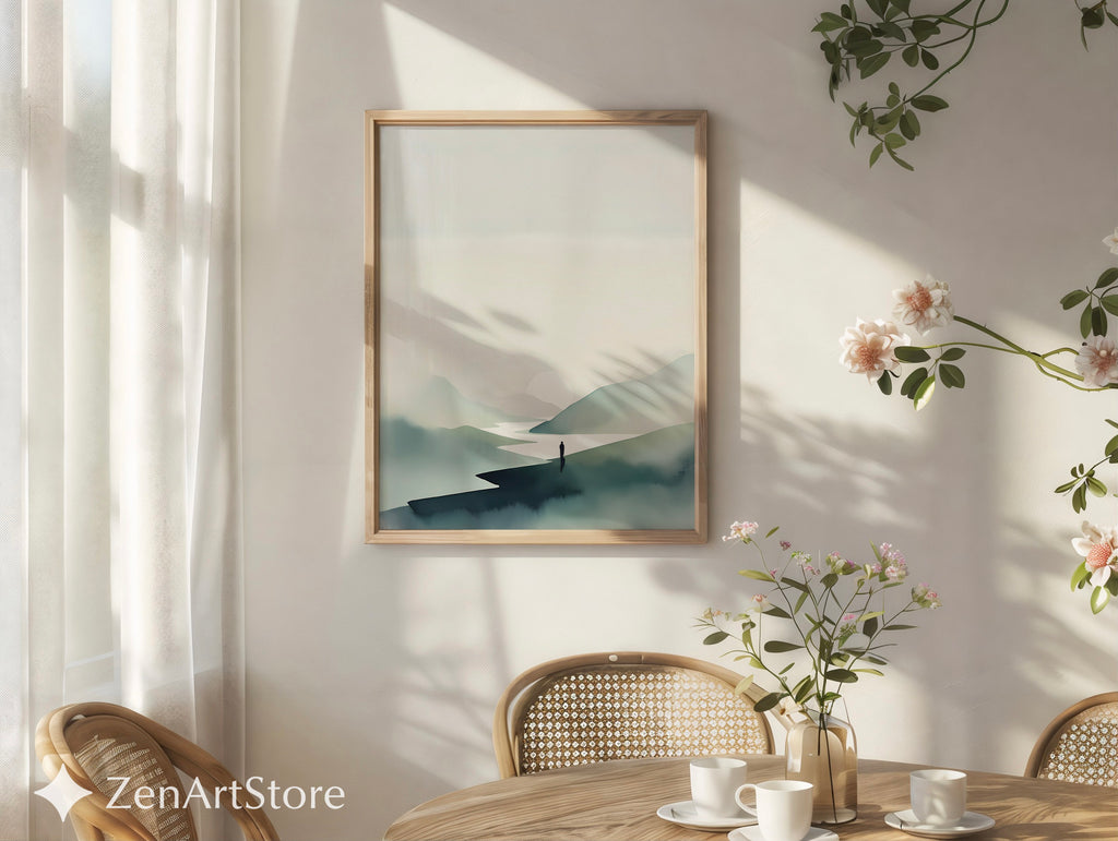 Minimalist Mountain Print - Zen Landscape Wall Art, Japandi Neutral Sun & River, Scandinavian Calm Home Decor