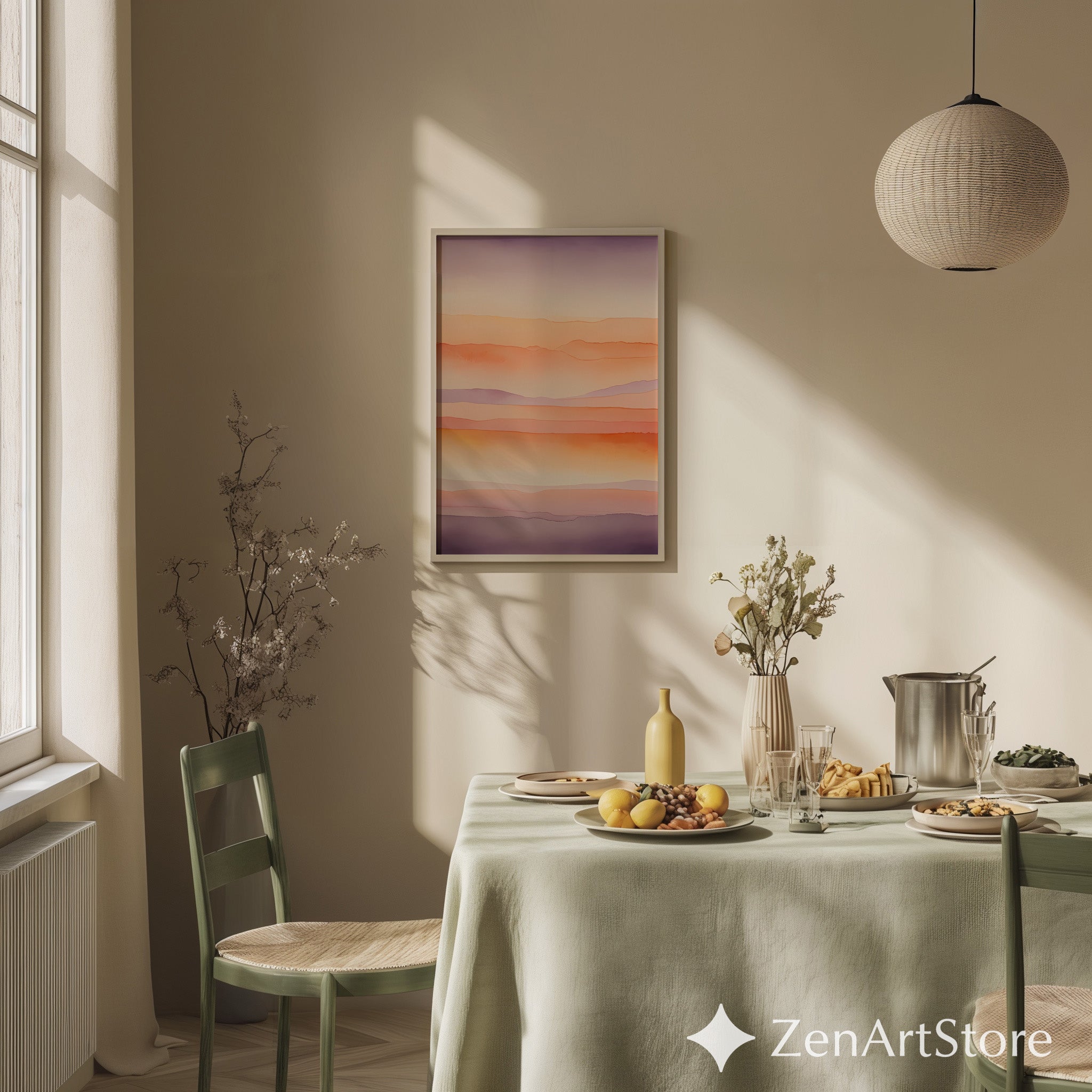 Sunset Layers Abstract Wall Art - Minimal Watercolor Landscape Print in Peach Blush Lavender - Modern Japandi Boho Home Decor