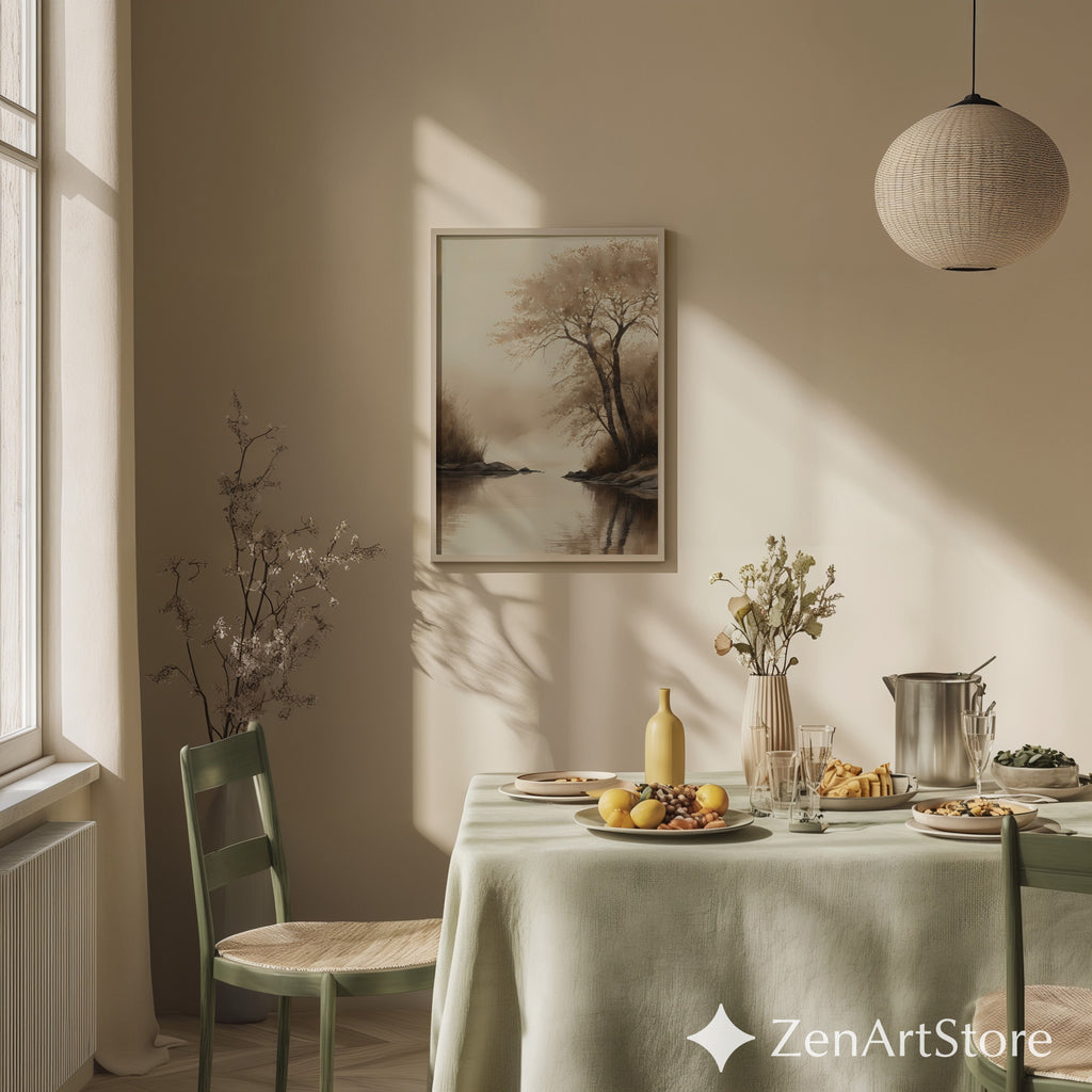 Serene Sepia Lake Landscape Print – Minimal Japandi Wabi Sabi Wall Art, Neutral Brown Beige Canvas or Digital Download