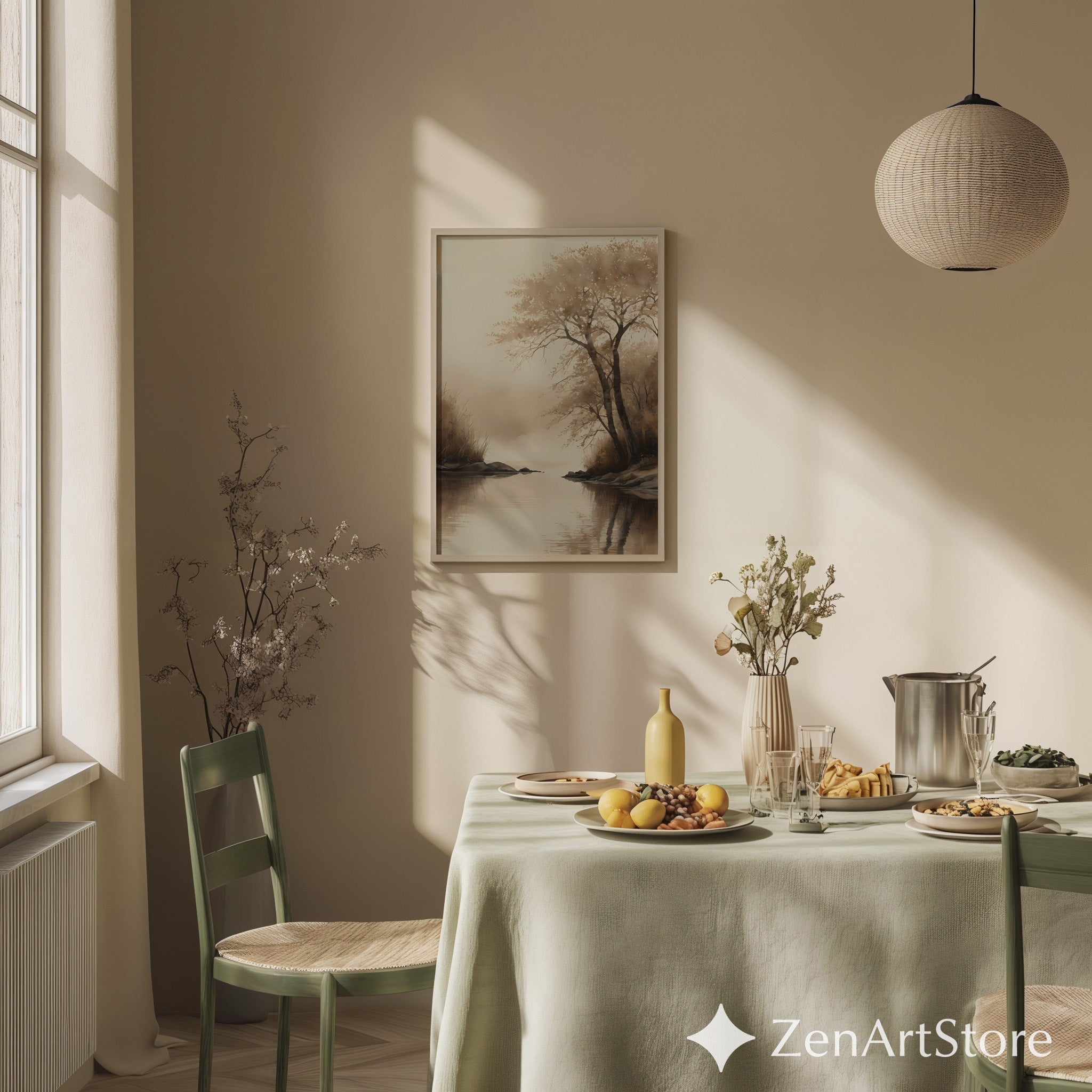 Serene Sepia Lake Landscape Print – Minimal Japandi Wabi Sabi Wall Art, Neutral Brown Beige Canvas or Digital Download