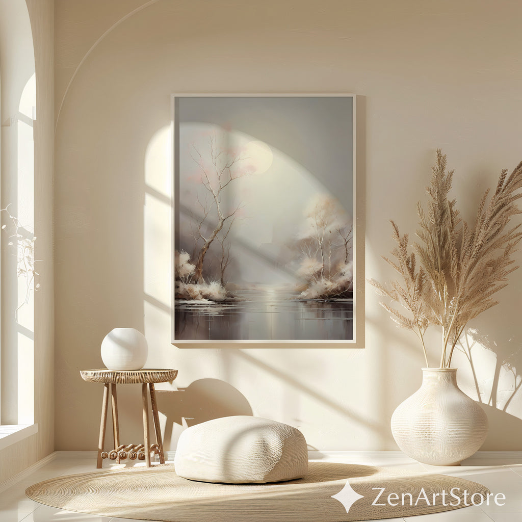 Moonlit Minimal Landscape Art Print - Japandi Neutral Wall Decor, Calming Beige & Blush Tree Canvas for Living Room or Bedroom