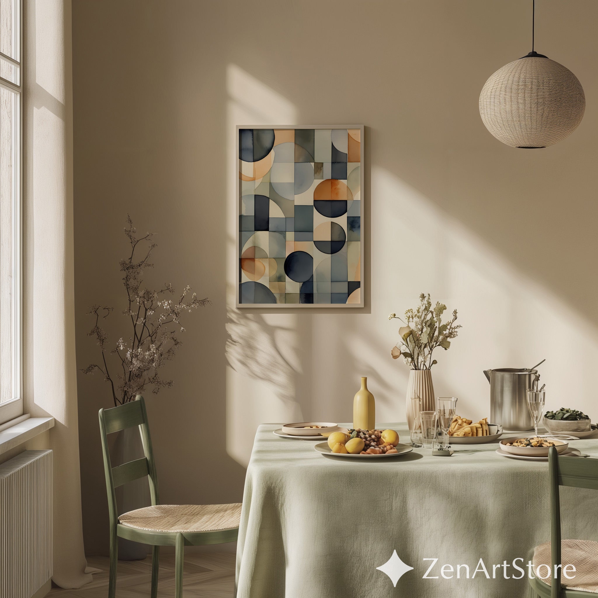 Abstract Geometric Wall Art Neutral Tones - Modern Mid Century Watercolor Circles Print - Japandi Wabi Sabi Minimalist Home Decor