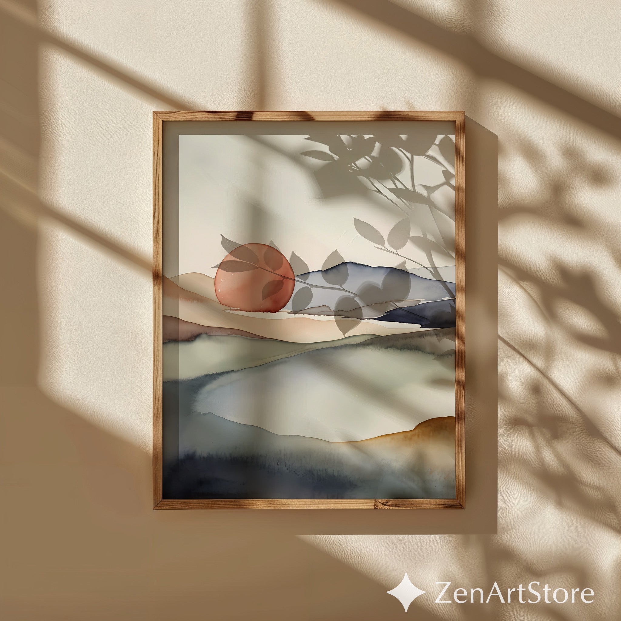 Abstract Minimal Landscape Art Print - Soft Neutral Sunrise Watercolor, Japandi Wabi Sabi Wall Decor