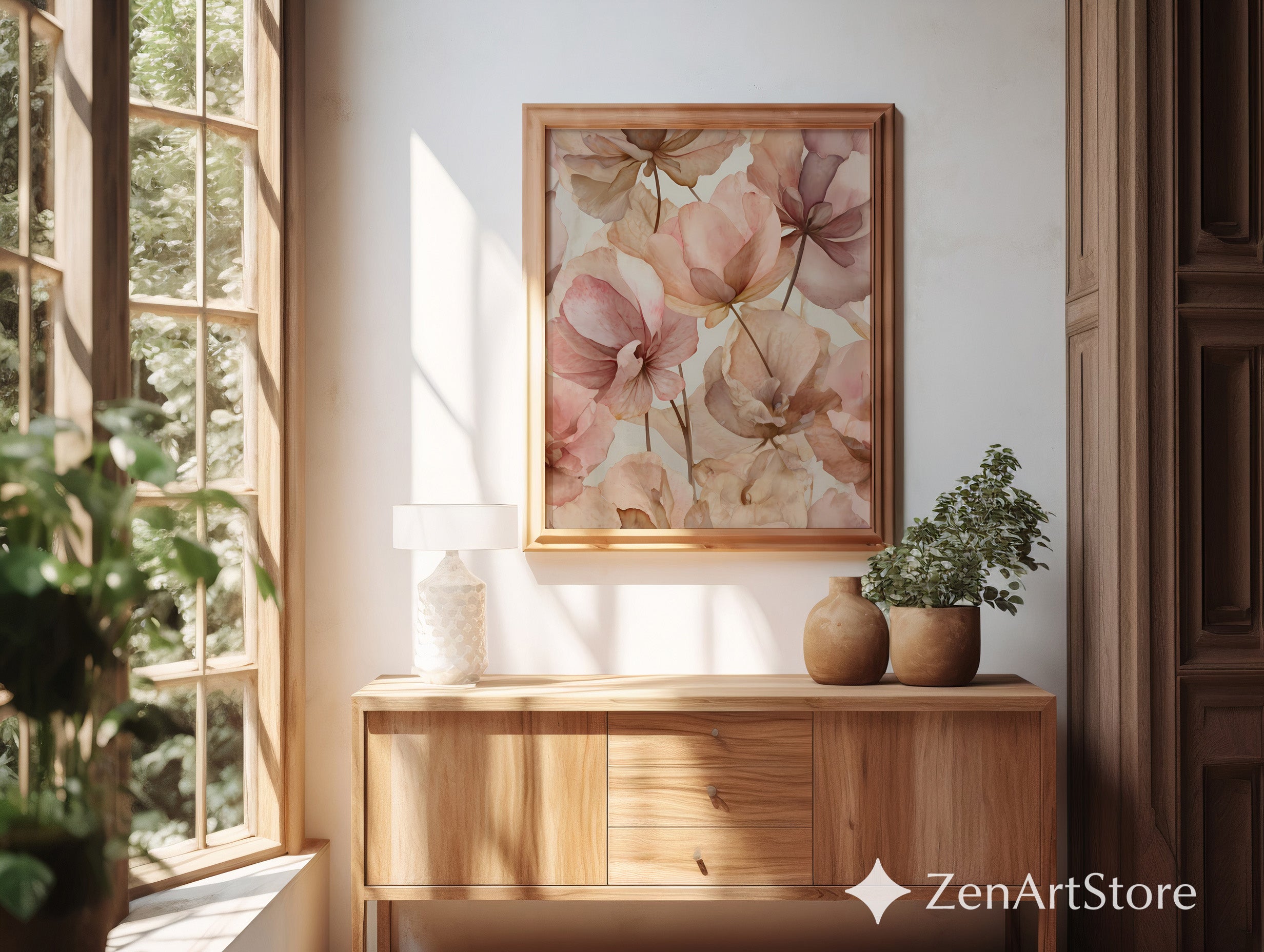 Blush Floral Wall Art Print - Soft Pink Beige Botanical Canvas for Neutral Japandi, Minimal Home Decor