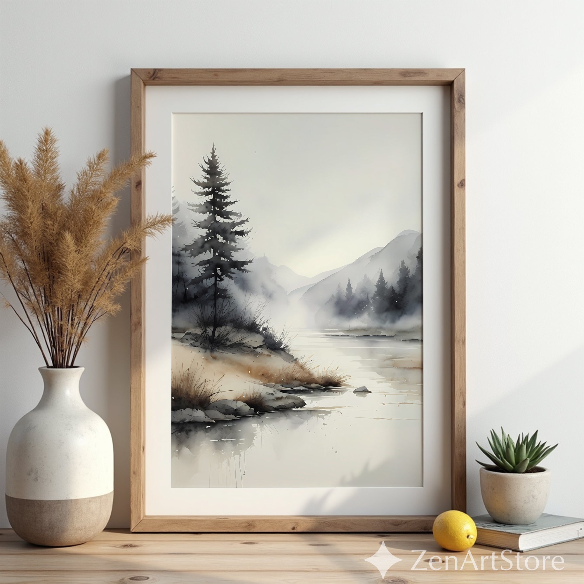 Misty River Watercolor Print - Minimal Neutral Landscape Art for Japandi, Wabi Sabi & Scandinavian Home Decor