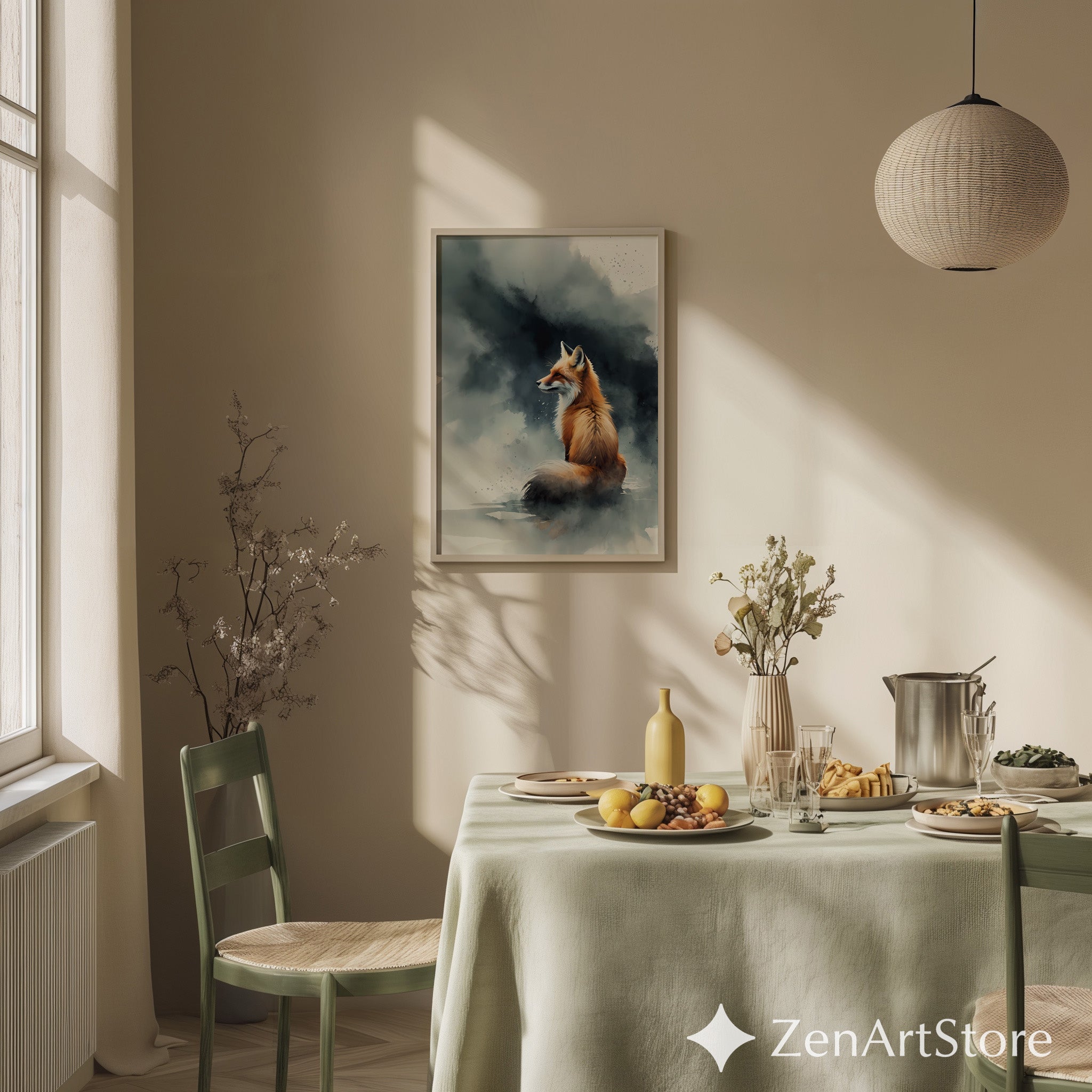 Red Fox Watercolor Art Print - Minimal Fox Wall Art, Woodland Animal Decor for Japandi & Scandinavian Neutral Homes