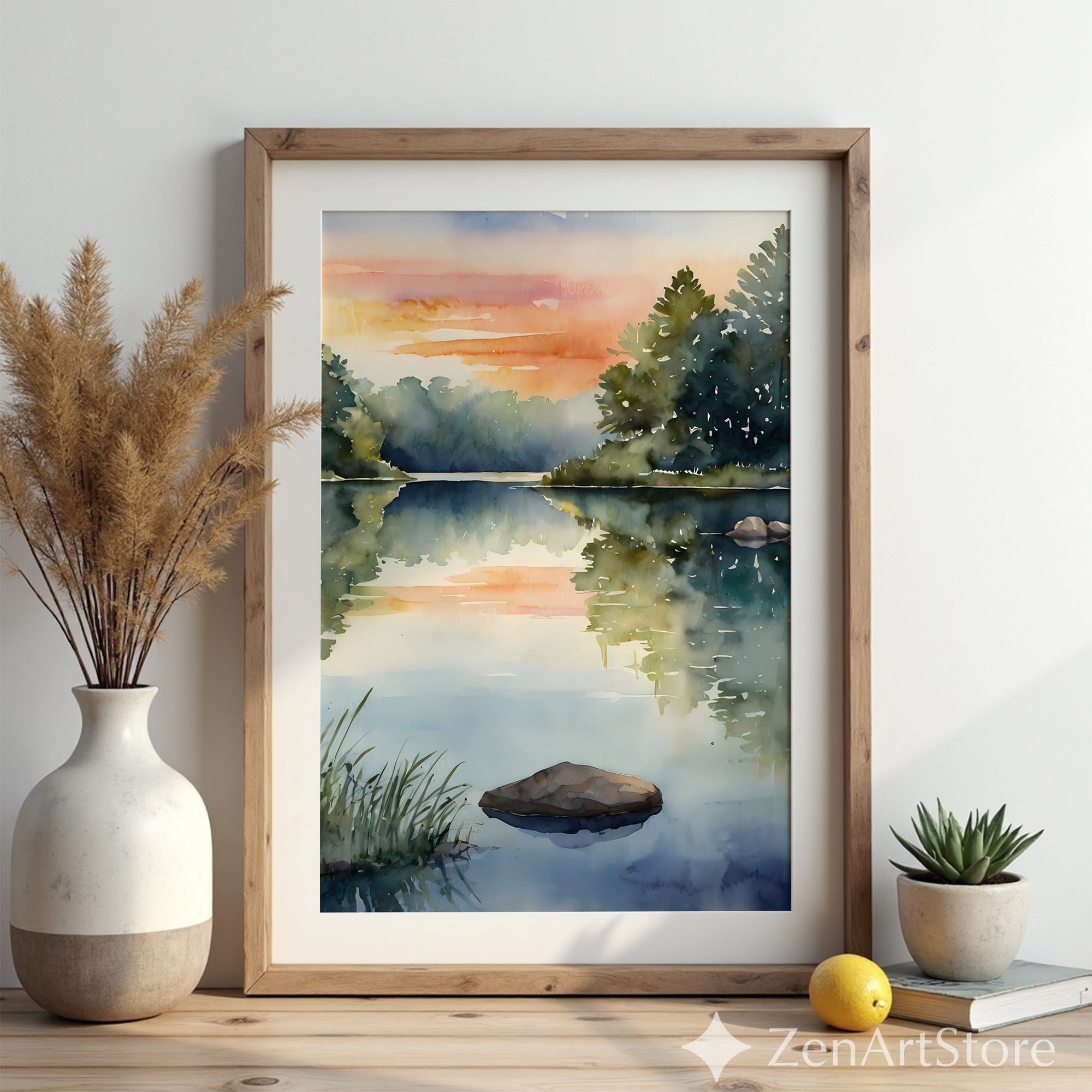 Serene Watercolor Lake Print - Minimal Landscape Wall Art for Japandi & Scandinavian Home Decor