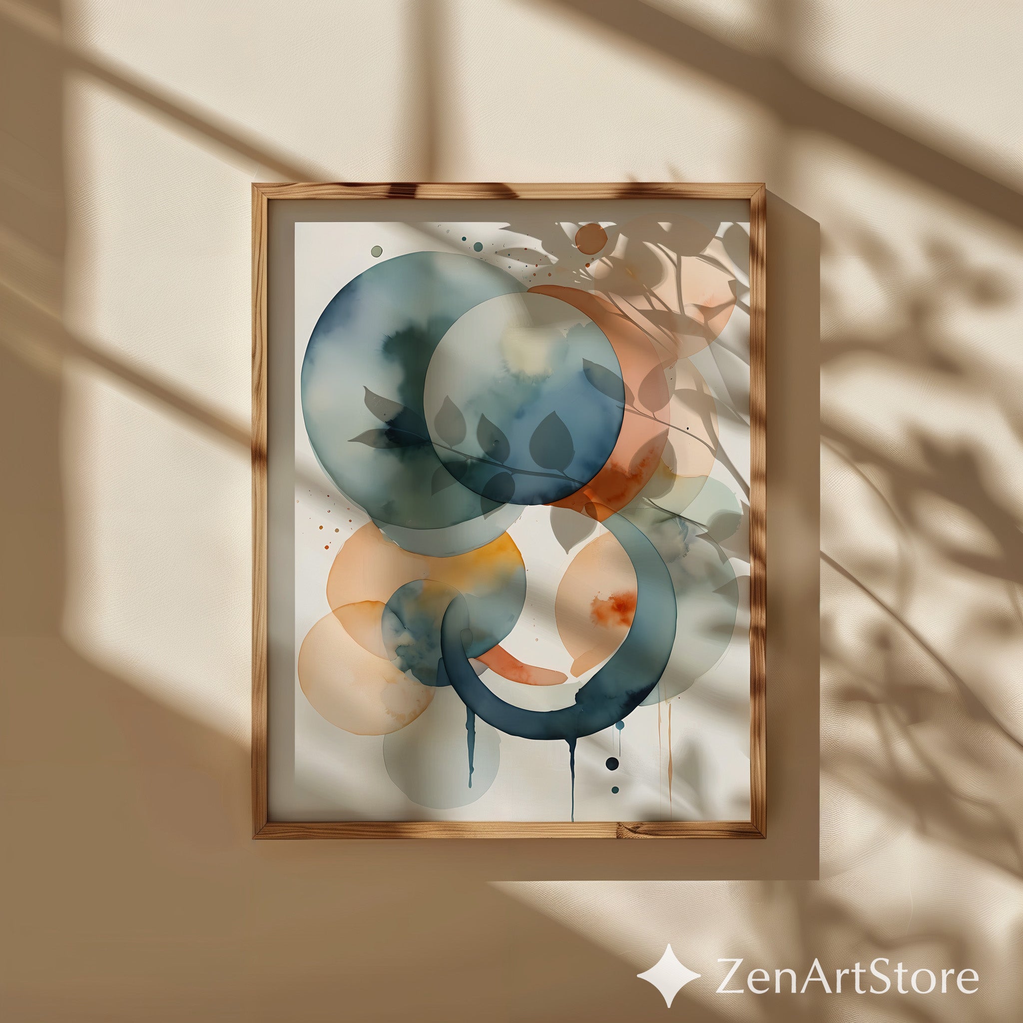 Abstract Watercolor Circles Wall Art - Minimal Zen Neutral Print for Japandi & Scandinavian Home Decor, Blue Peach Beige Modern Art