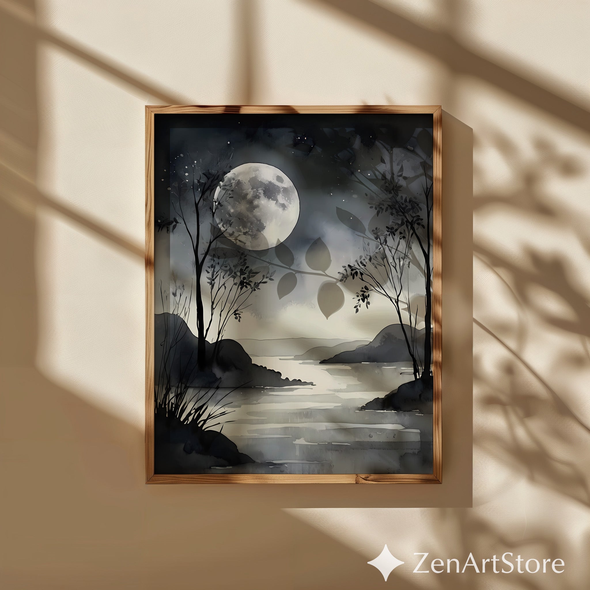 Moonlight Watercolor Landscape Print - Minimal Black & White Moon Art, Zen Japandi Wall Decor for Living Room or Bedroom