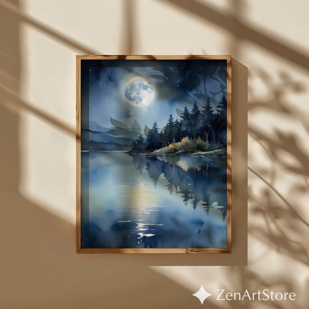Moonlight Lake Wall Art - Serene Blue Night Landscape Print, Minimal Zen Moon Reflection for Bedroom Living Room Decor
