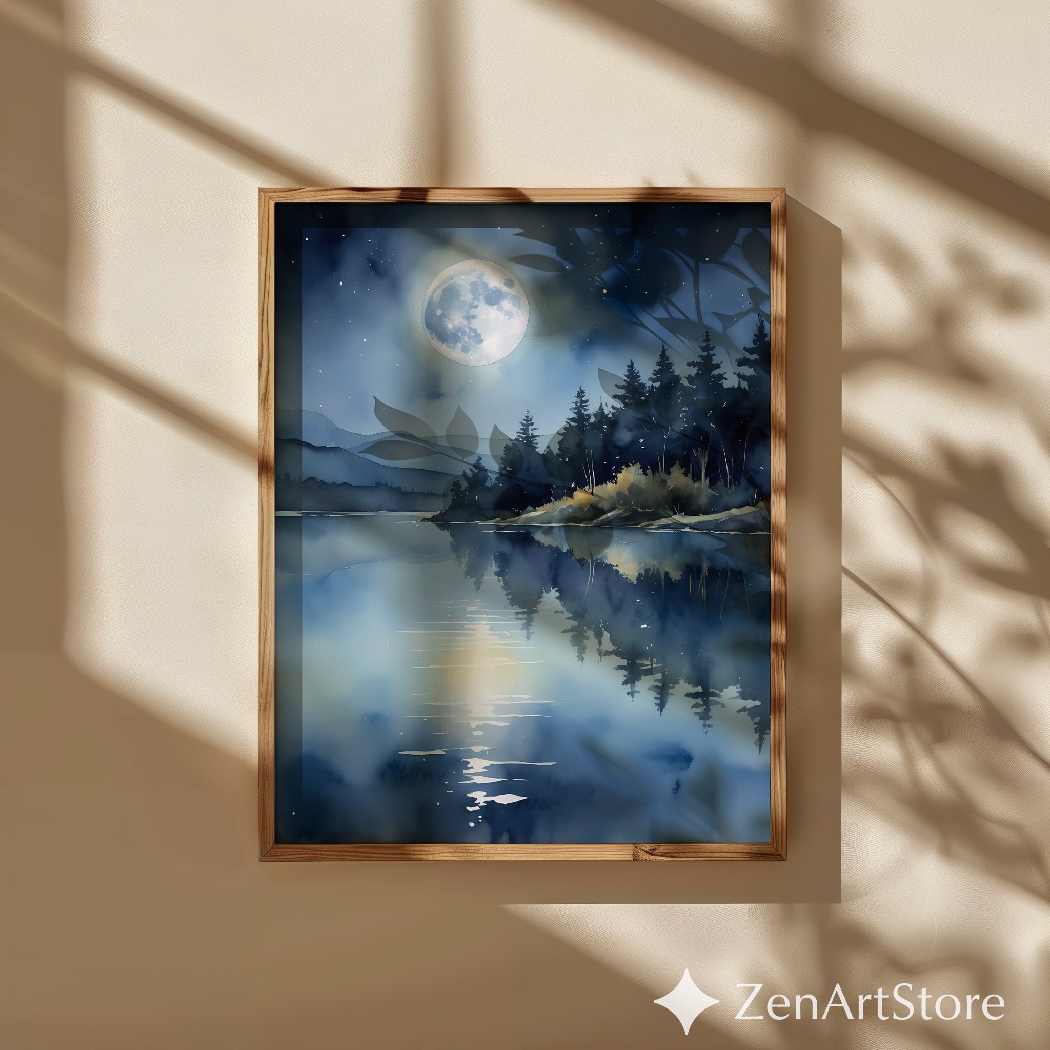 Moonlight Lake Wall Art - Serene Blue Night Landscape Print, Minimal Zen Moon Reflection for Bedroom Living Room Decor