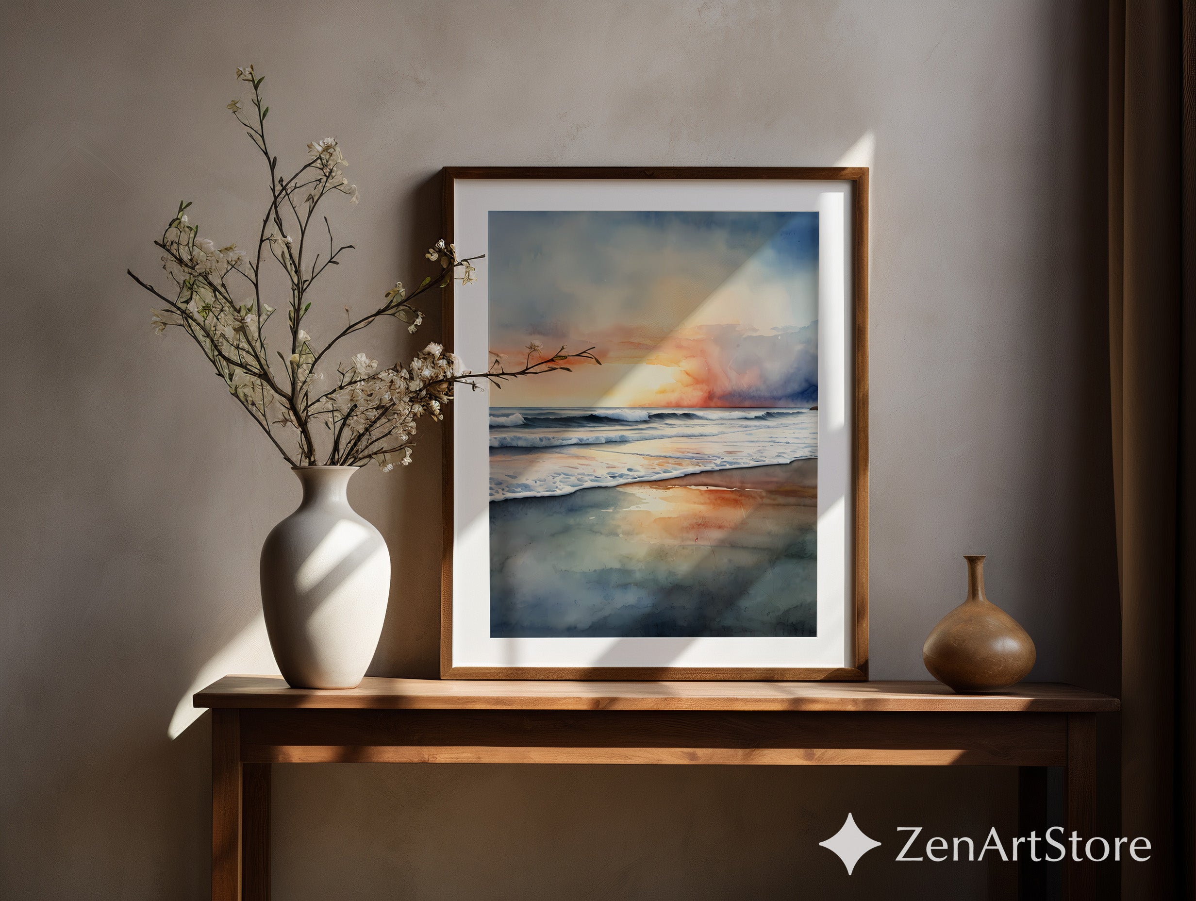 Watercolor Seascape Sunset Print - Calming Coastal Wall Art for Living Room, Bedroom, Minimal Japandi Beach Decor