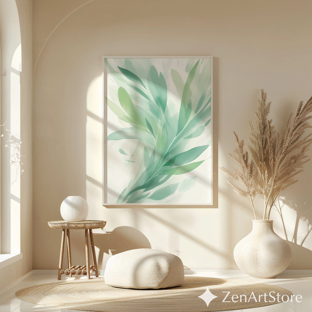 Serene Mint Botanical Art Print - Abstract Green Leaf Wall Art, Minimal Modern Home Decor, Zen Japandi Scandinavian Printable