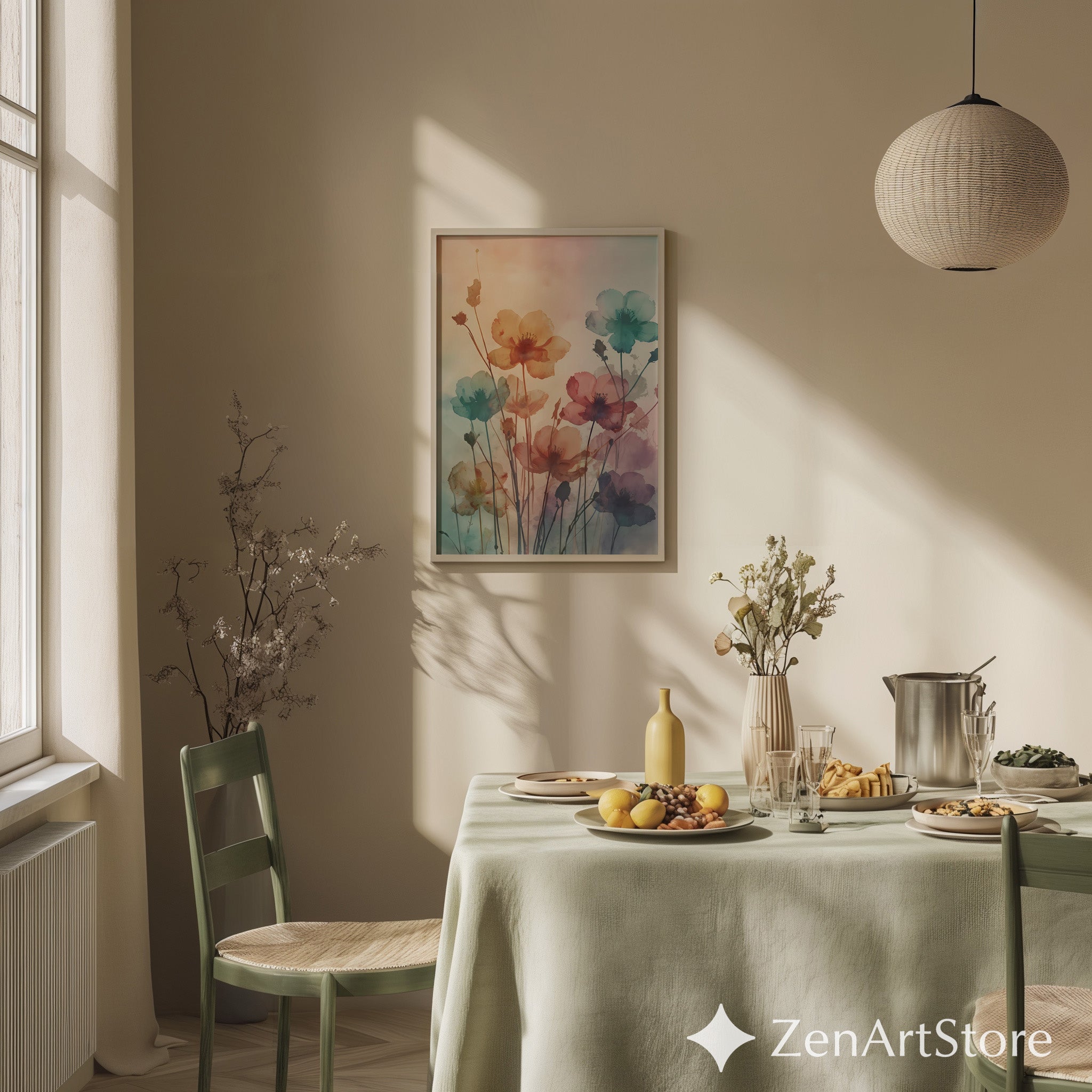 Watercolor Floral Wall Art Print - Pastel Botanical Poster, Calm Boho Minimalist Decor for Living Room, Bedroom, Japandi Scandinavian