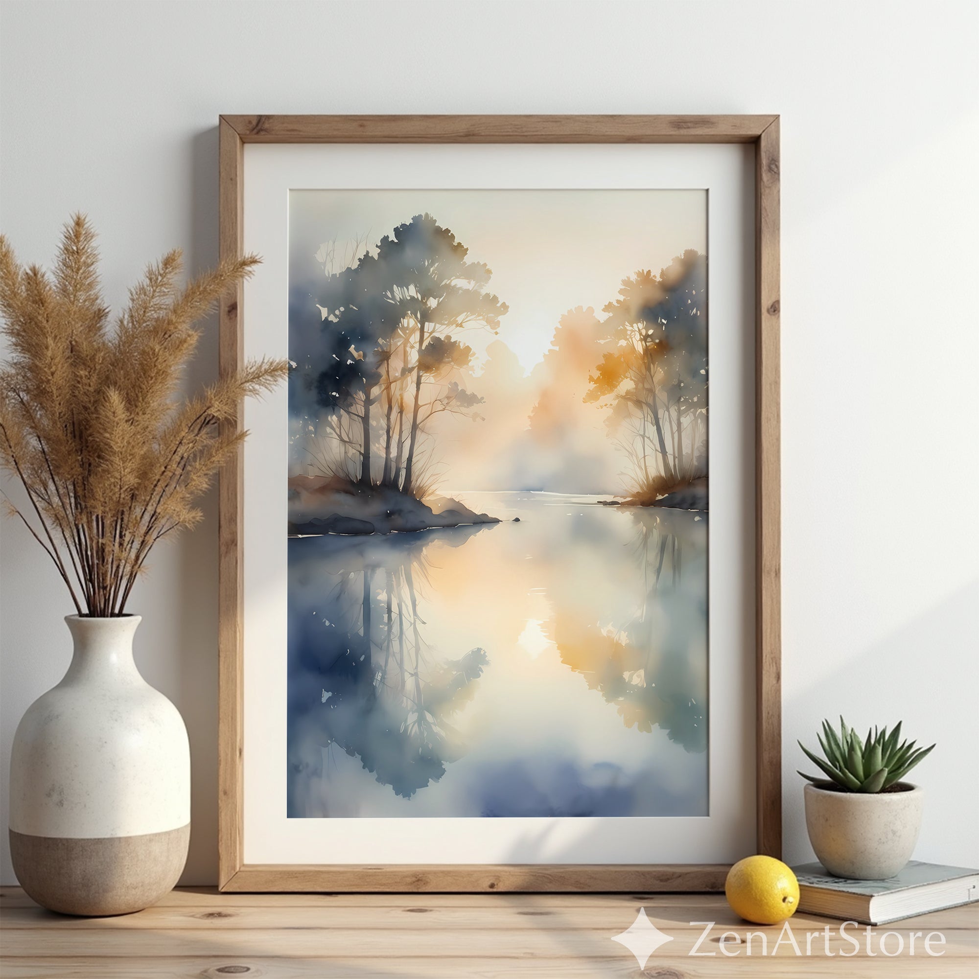 Misty Lake Sunrise Watercolor Print - Neutral Minimal Landscape Wall Art, Calm Japandi Scandinavian Home Decor