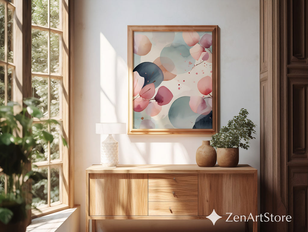 Zen Minimal Japanese Abstract Printable Wall Art - Soft Pink & Teal Watercolor Eucalyptus