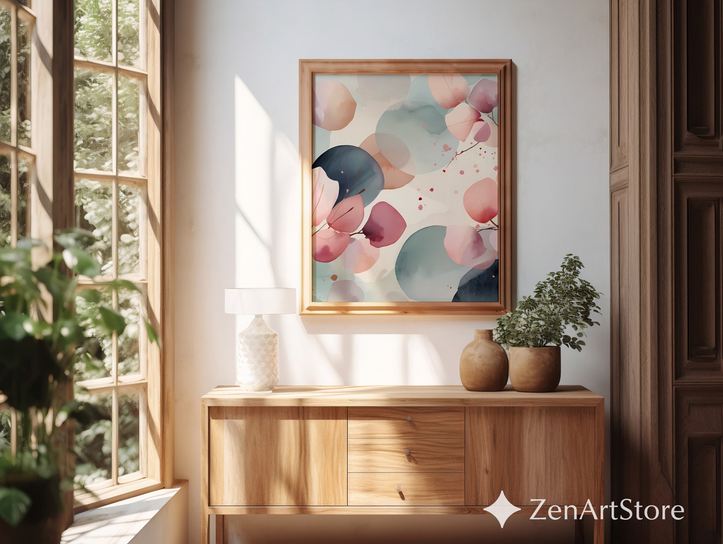 Zen Minimal Japanese Abstract Printable Wall Art - Soft Pink & Teal Watercolor Eucalyptus