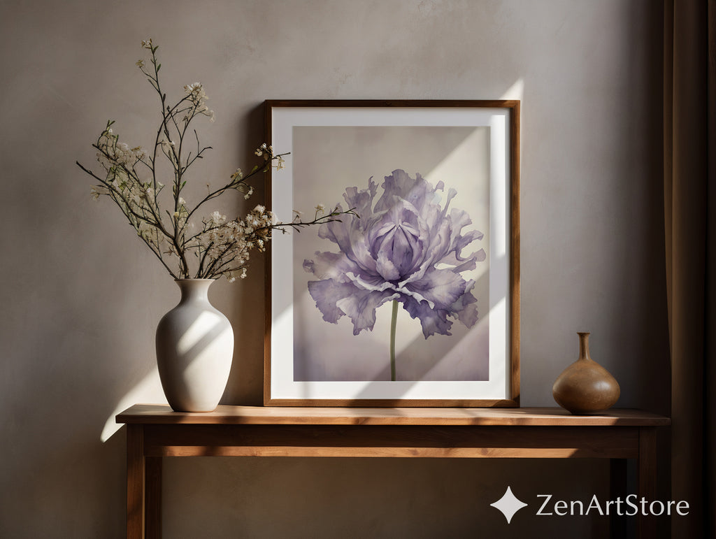 Lavender Peony Botanical Wall Art Print - Minimal Floral Fine Art for Scandinavian Japandi Wabi Sabi Home Decor