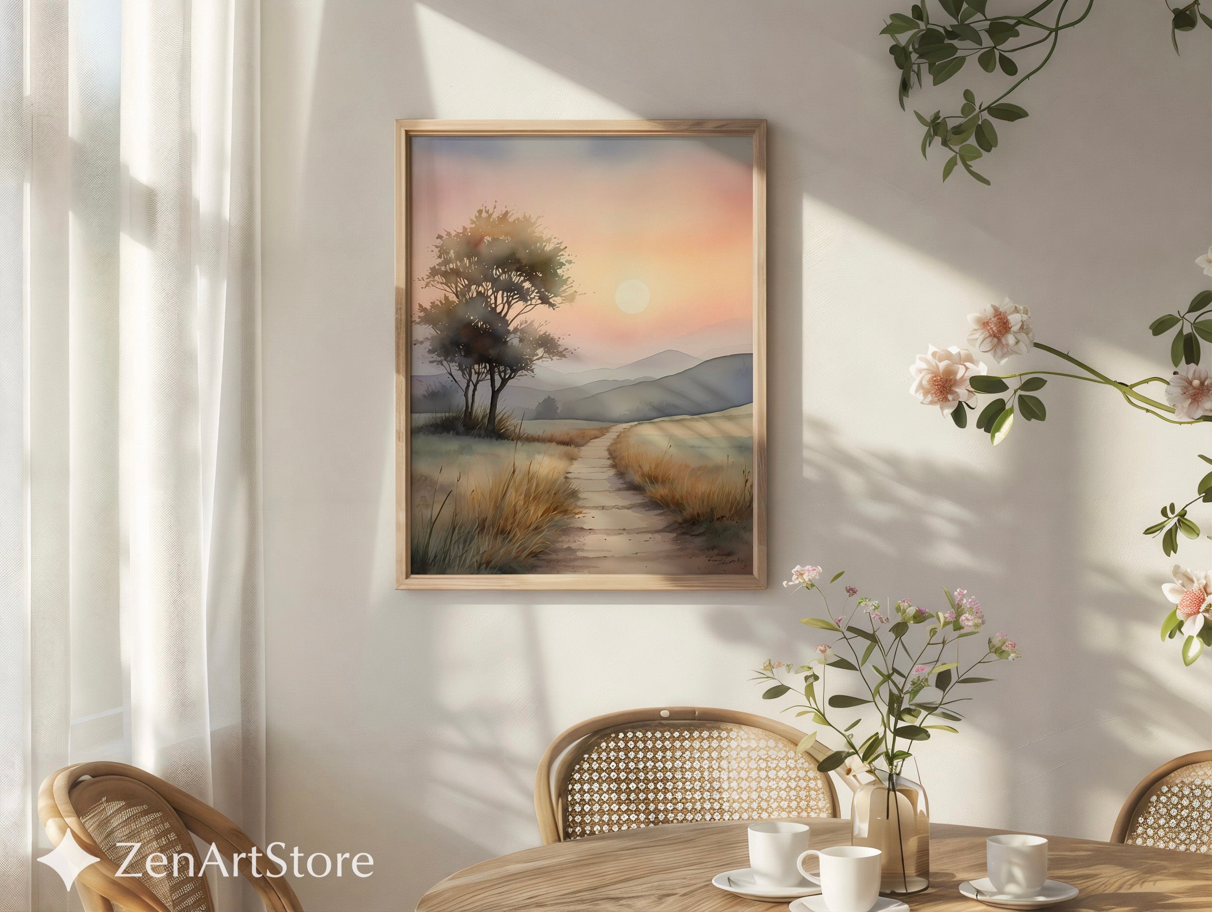 Serene Sunrise Path Watercolor Print - Minimal Neutral Landscape Wall Art for Living Room & Bedroom