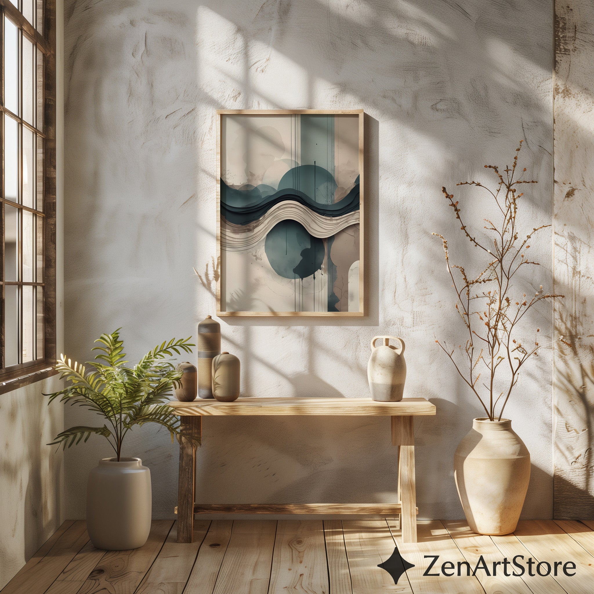 Layered Abstract Landscape Wall Art - Japandi Teal Beige Minimalist Print for Living Room & Bedroom