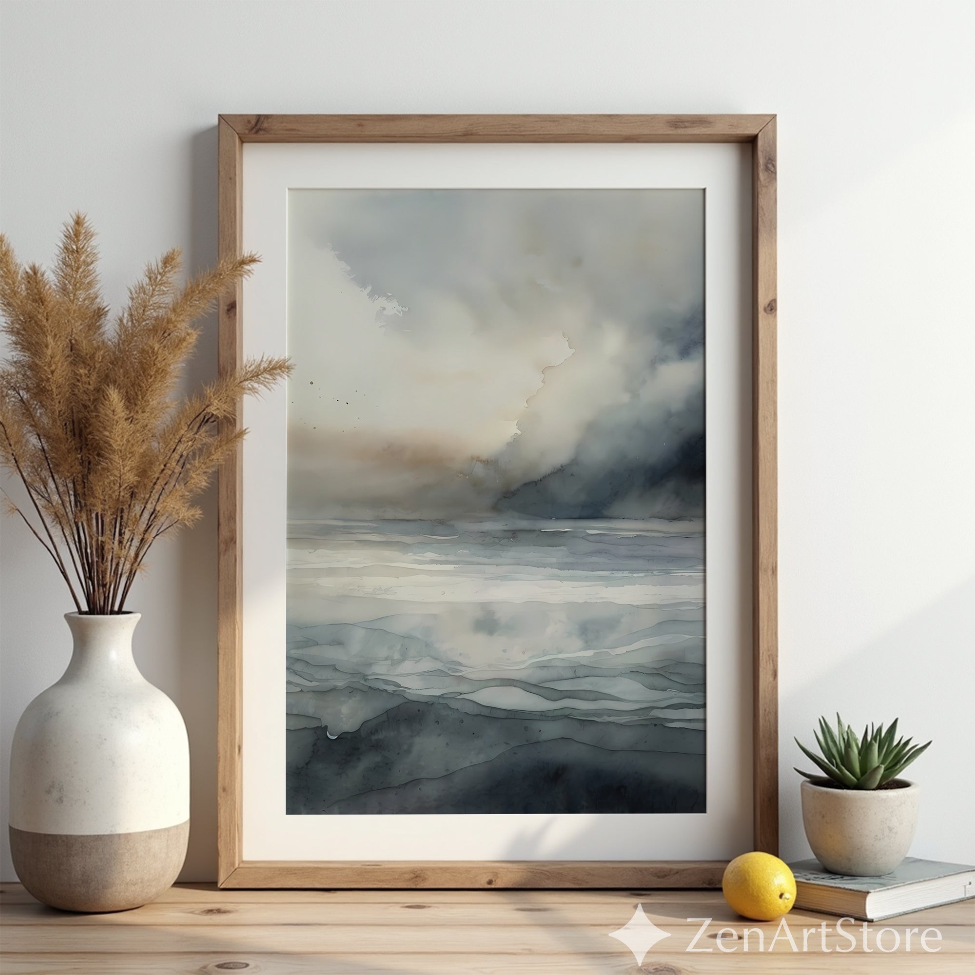 Neutral Abstract Seascape Wall Art - Minimal Coastal Watercolor Print, Calm Japandi Wabi Sabi Landscape for Living Room