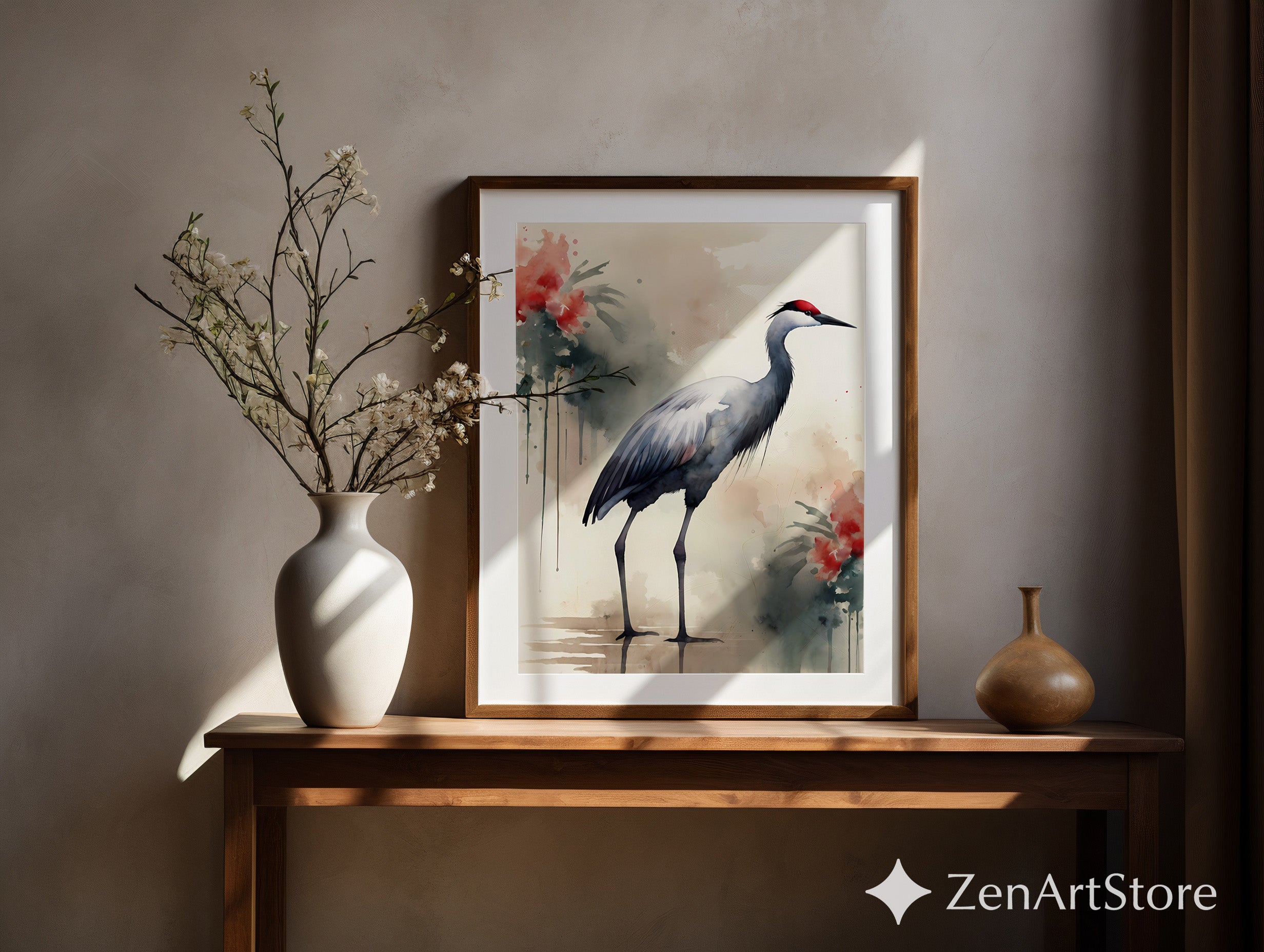 Watercolor Crane Wall Art Print - Japandi Wabi Sabi Heron Painting, Neutral Zen Botanical Home Decor