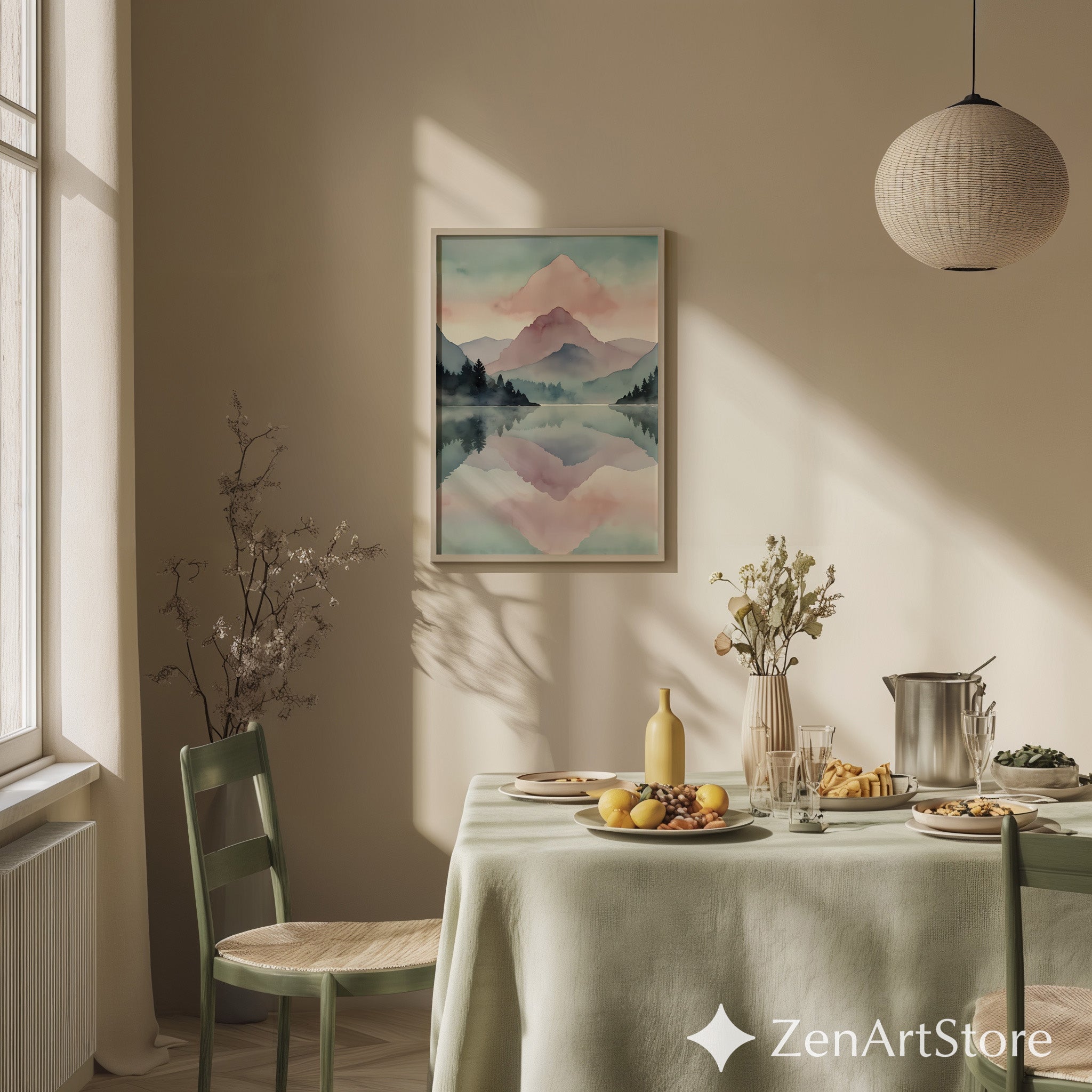 Pastel Mountain Watercolor Print - Serene Lake Reflection Wall Art, Minimal Japandi Scandinavian Home Decor