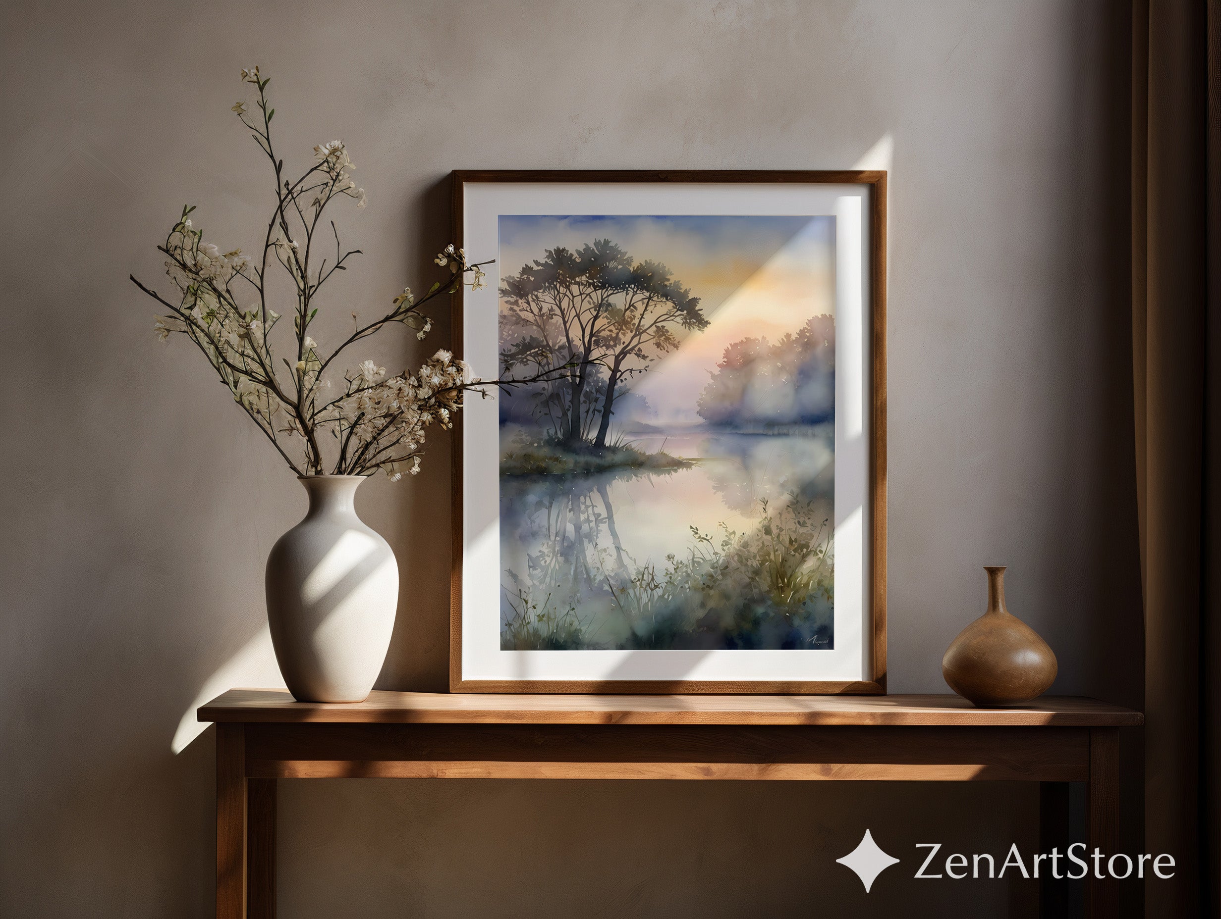 Misty Lake Watercolor Print - Serene Landscape Wall Art for Living Room, Bedroom, Japandi Wabi Sabi Neutral Home Decor