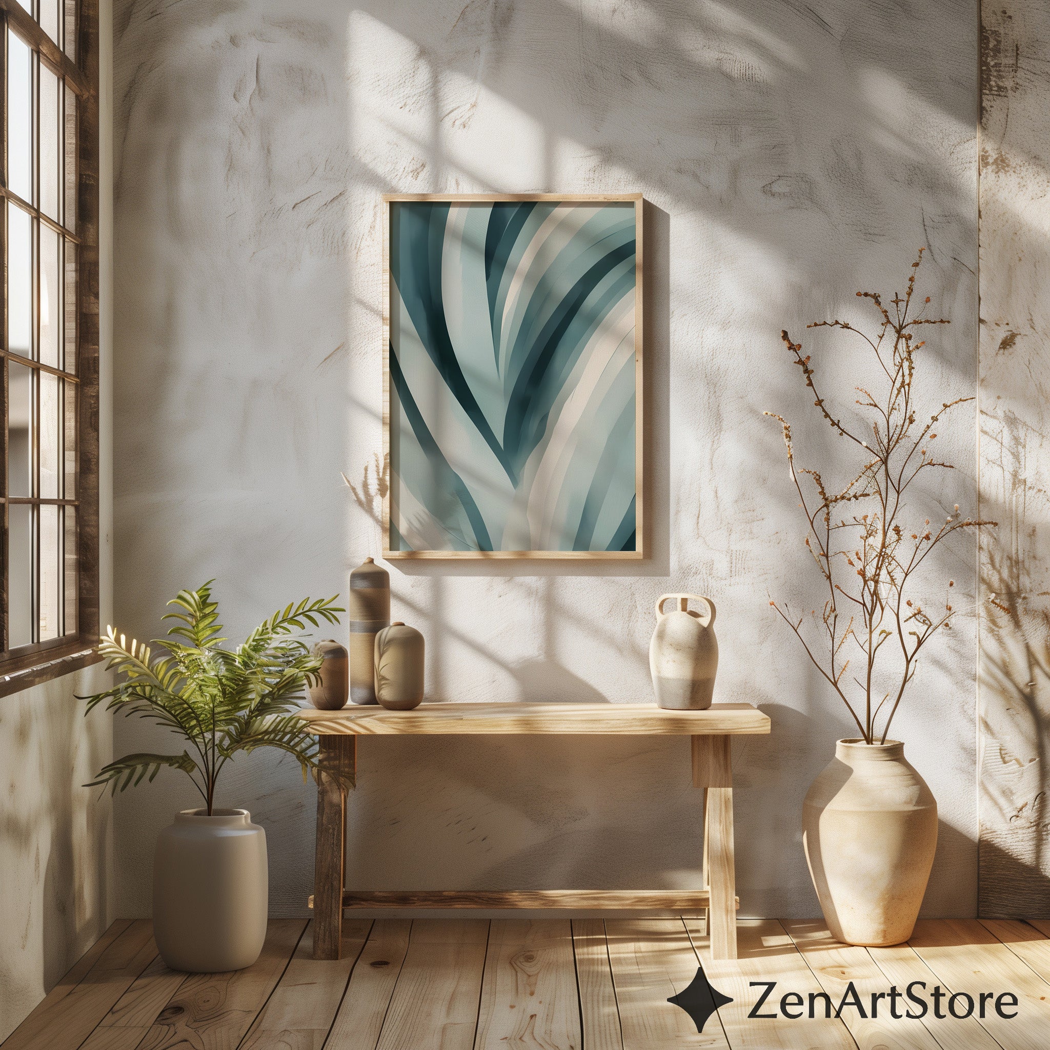 Teal Abstract Botanical Wall Art - Minimal Japandi Blue Green Print for Calm Modern Home Decor