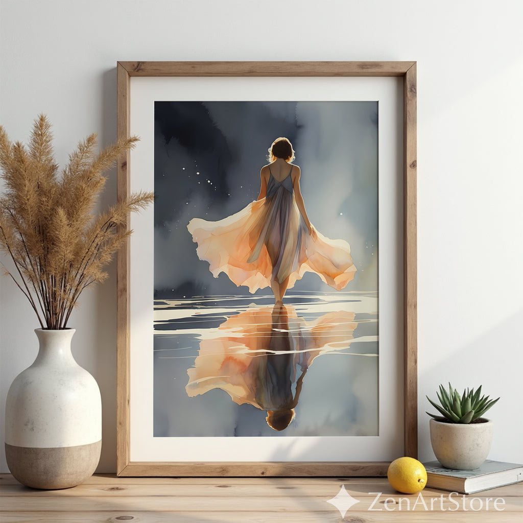 Ethereal Woman Walking on Water Art Print - Peach Reflection Minimal Zen Wall Art for Bedroom & Living Room