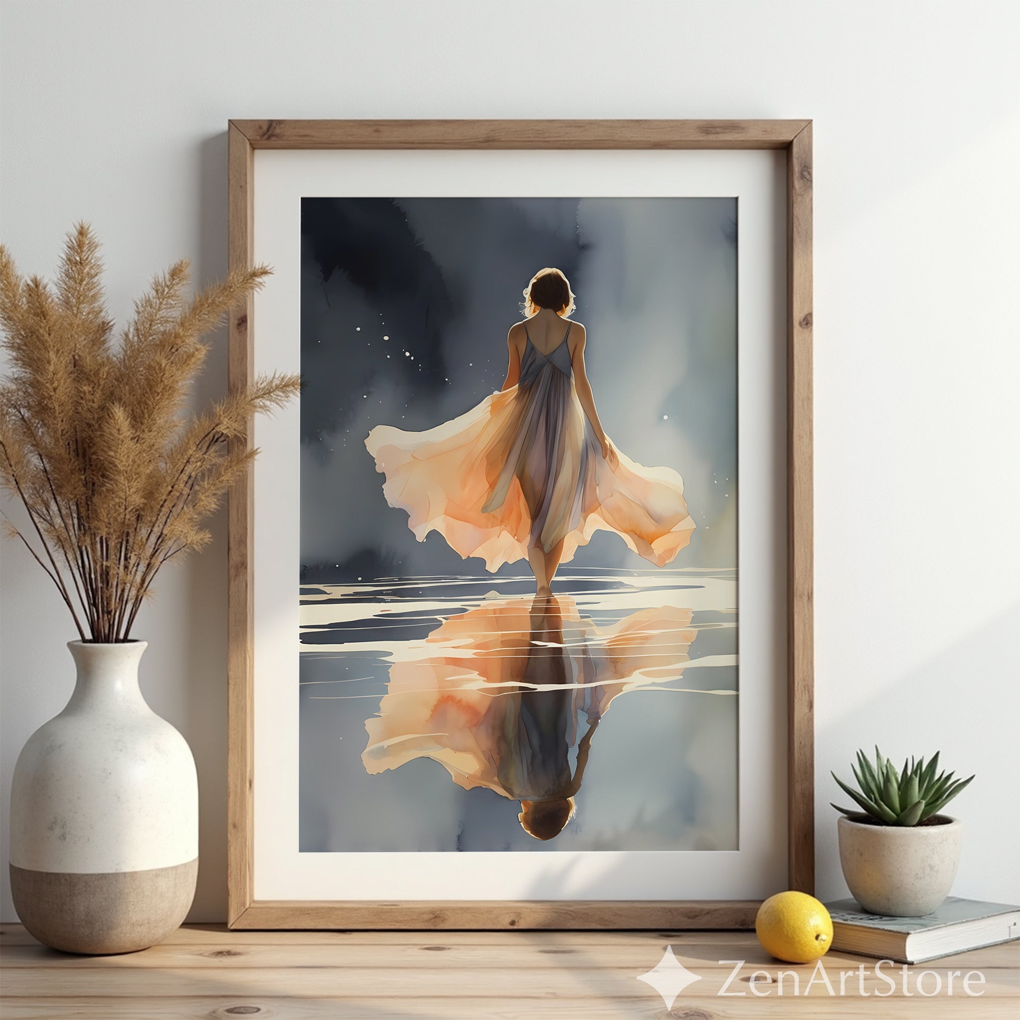Ethereal Woman Walking on Water Art Print - Peach Reflection Minimal Zen Wall Art for Bedroom & Living Room