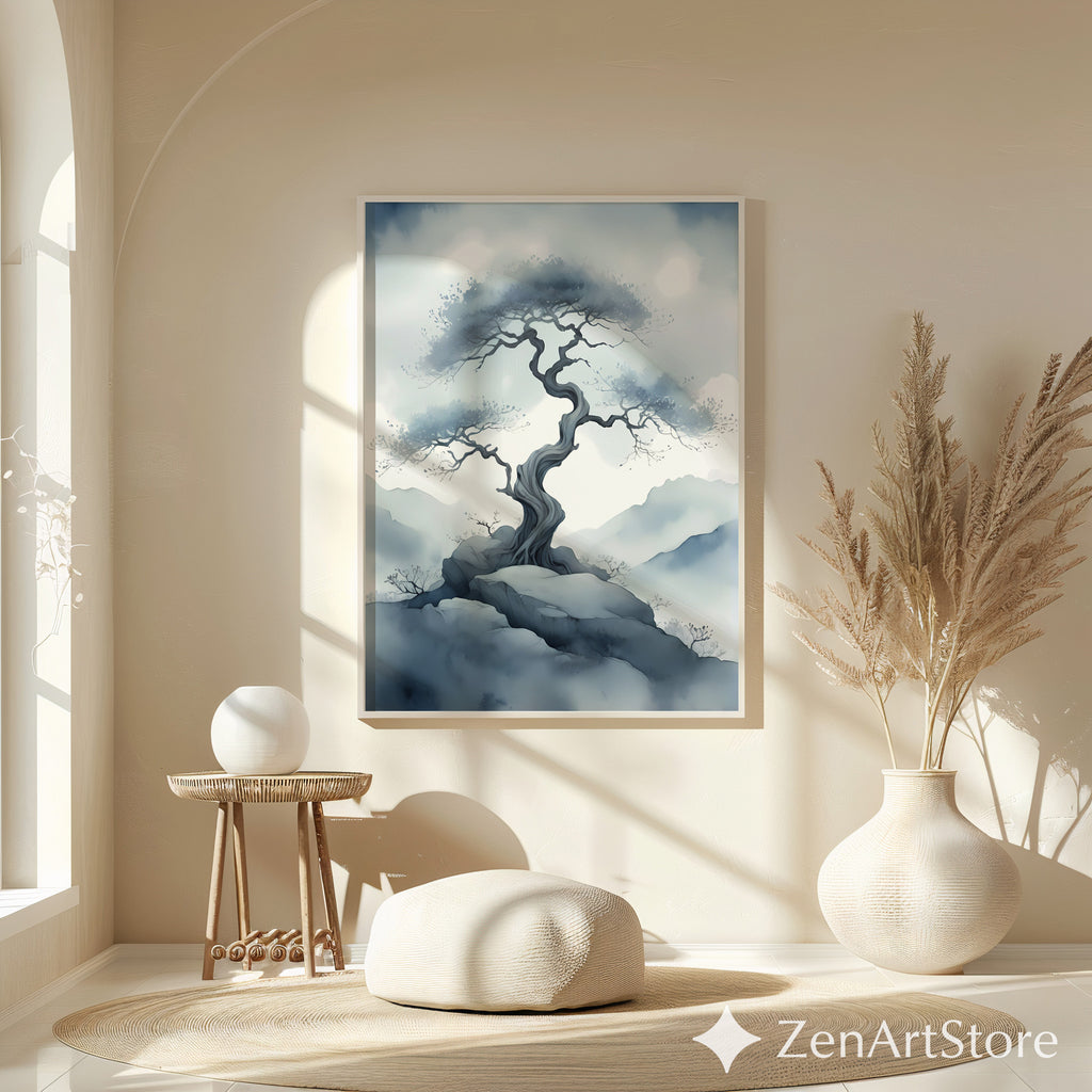 Misty Bonsai Tree Wall Art – Minimal Zen Landscape Print, Japandi Neutral Canvas or Printable for Living Room